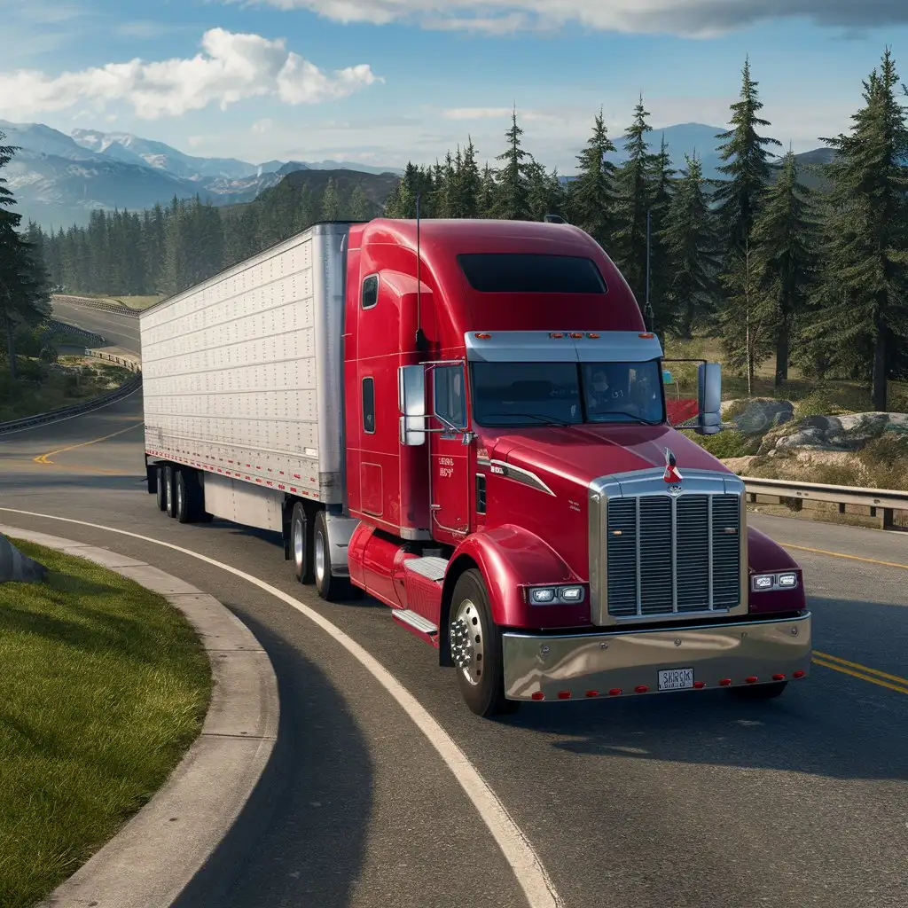 red american truck driving on curve road. showing pine trees, grass roundabout, From the makers of Bus Simulator 2023 comes the new and improved Truck Simulator USA Revolution. Want to know what driving an 18 Wheeler feels like? Truck Simulator USA offers a real trucking experience that will let you explore amazing locations. This American Truck Simulator features many American and European semi truck brands and all kinds of big rigs with realistic engine sounds and detailed interiors! Drive across America, transport cool trailers such as vehicles, gasoline, gravel, food, ship anchors, helicopters, and many more, red american truck driving on curve road. showing pine trees, grass roundabout,
