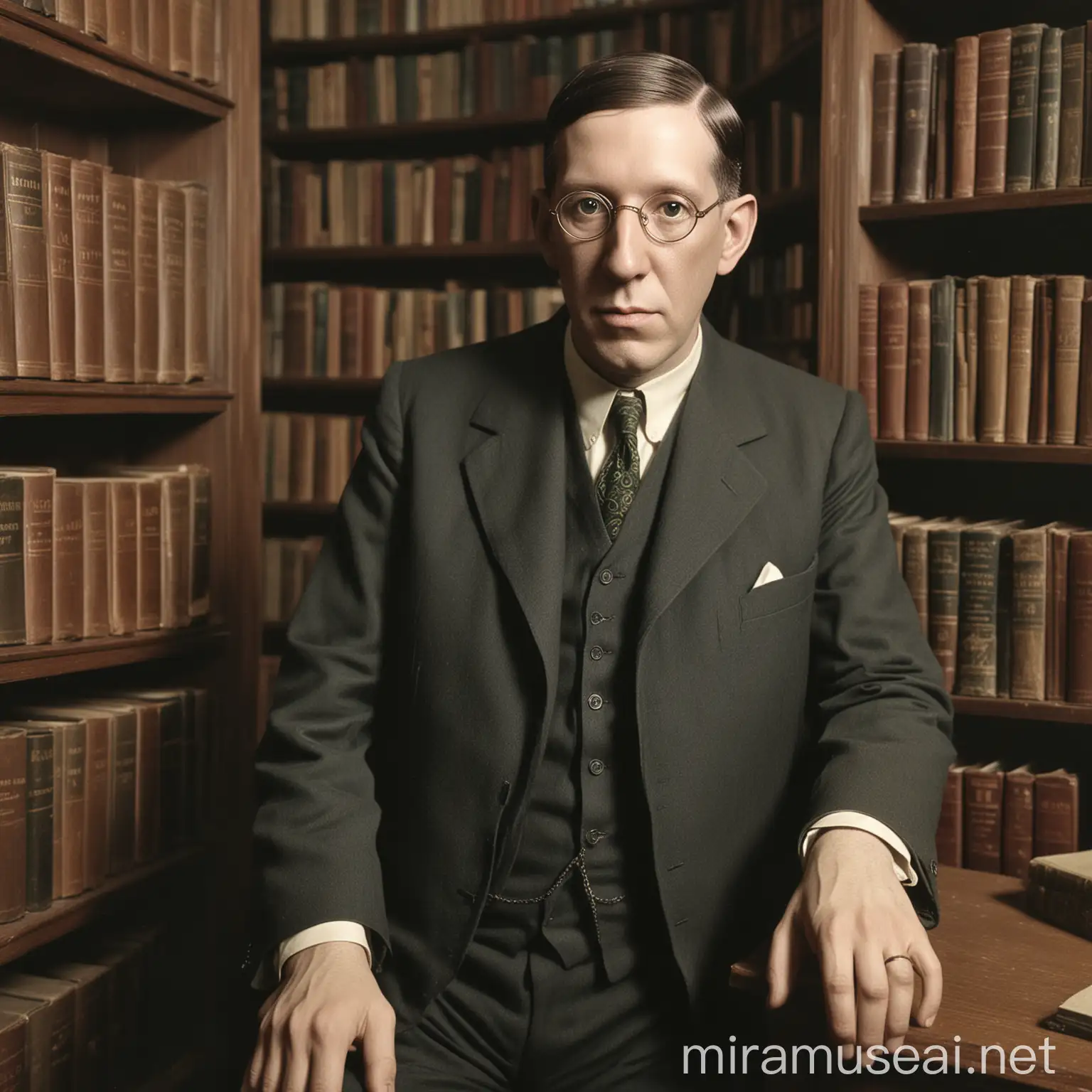 Color picture of Howard Philips Lovecraft in 1920's clothes in a 1920's library