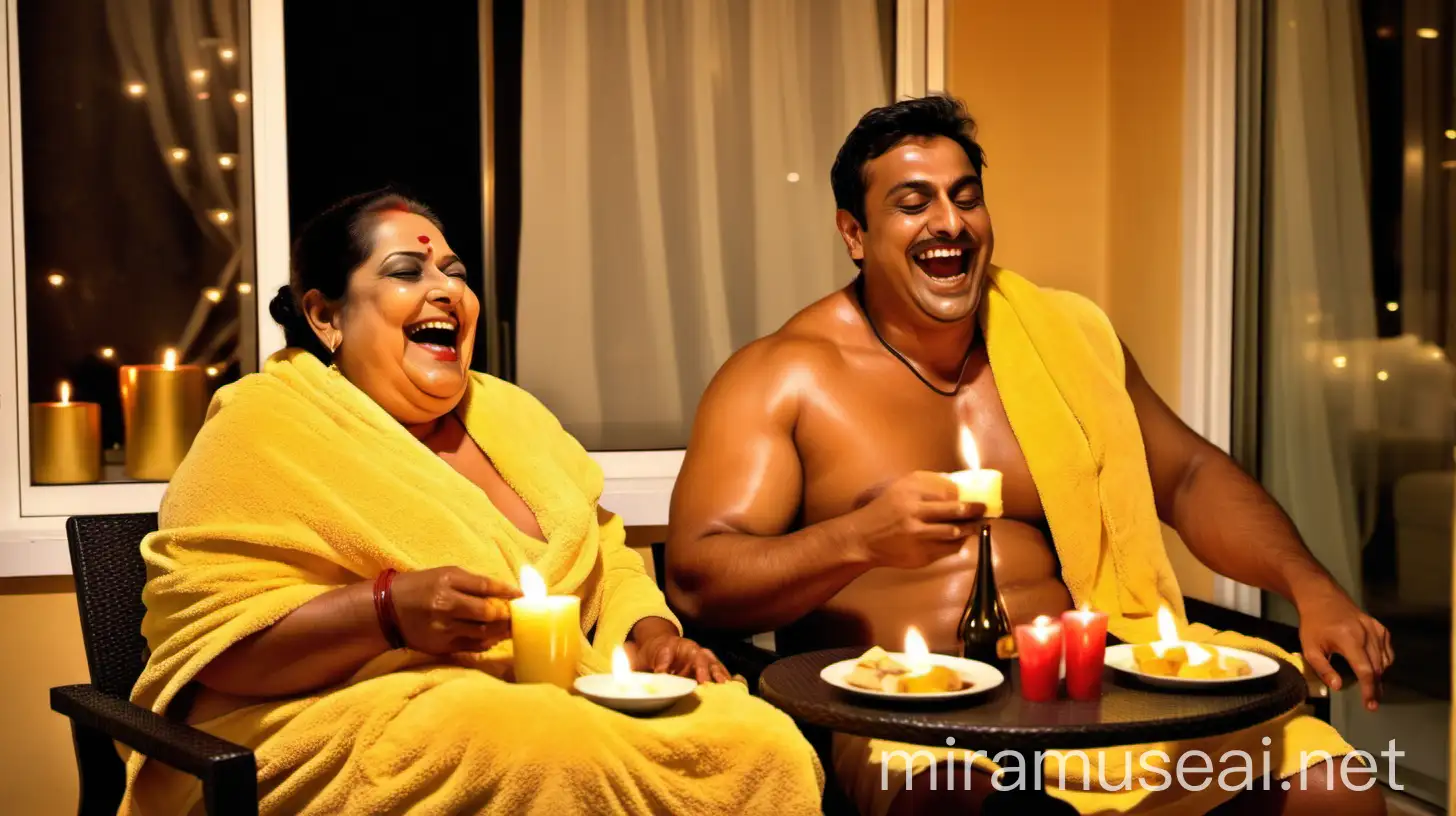 a 23 years indian muscular man is sitting with a 47 years  indian mature fat woman . both are wearing wet yellow bath towel and sitting on two luxurious chairs.  a large amount of luxurious foods and drinks are served on a table they are sitting face to face and they are happy and laughing. there are doing candel light dinner , alot of candels are there and a dangerious  big dog is near them. they are in a big balcony.