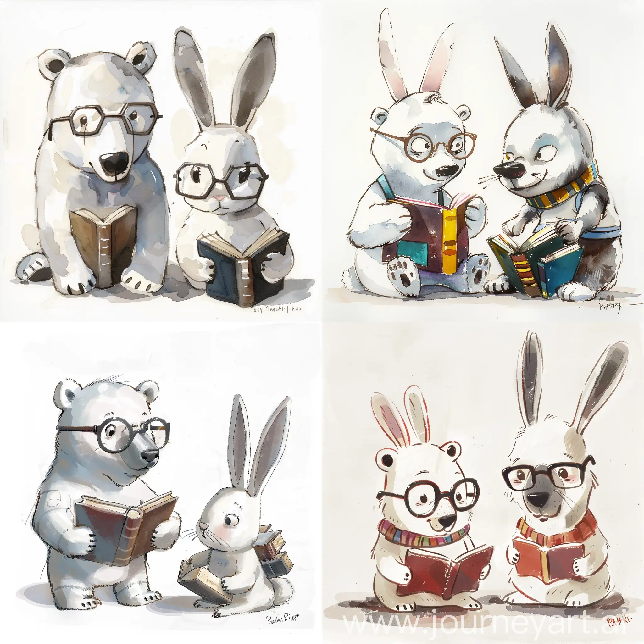 water color painting of polar bear wearing glasses and holding books, * * bunny rabbit wearing glasses and holding books, character has a drop shadow, on white background, foreshortening, bold lines, caricature sketch by Kim Jung Gi and by Satoshi Kon disney pixar inspired painting
