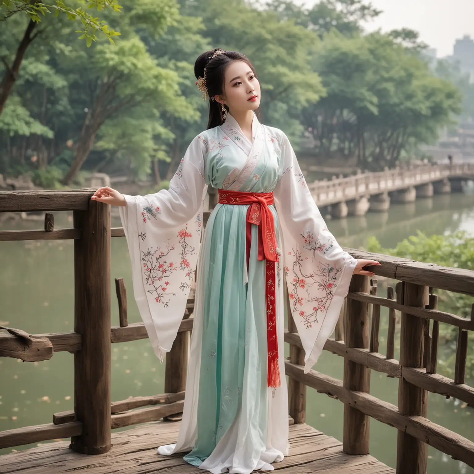 中国古典美女，身穿汉服，站在桥上