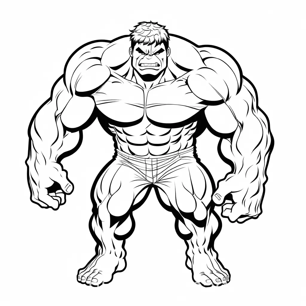 Hulk, Coloring Page, black and white, line art, white background, Simplicity, Ample White Space. The background of the coloring page is plain white to make it easy for young children to color within the lines. The outlines of all the subjects are easy to distinguish, making it simple for kids to color without too much difficulty