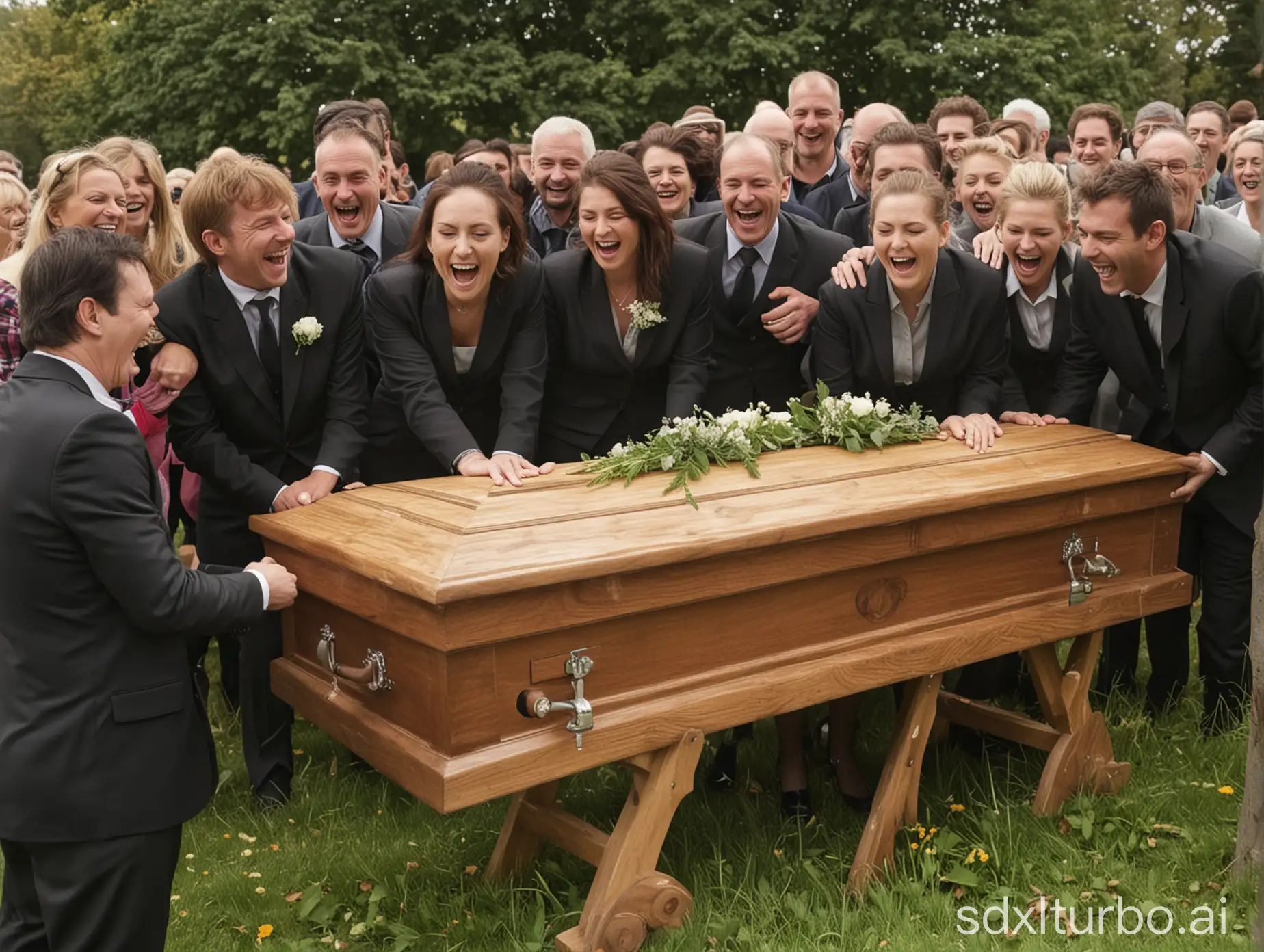 people laughing at a coffin