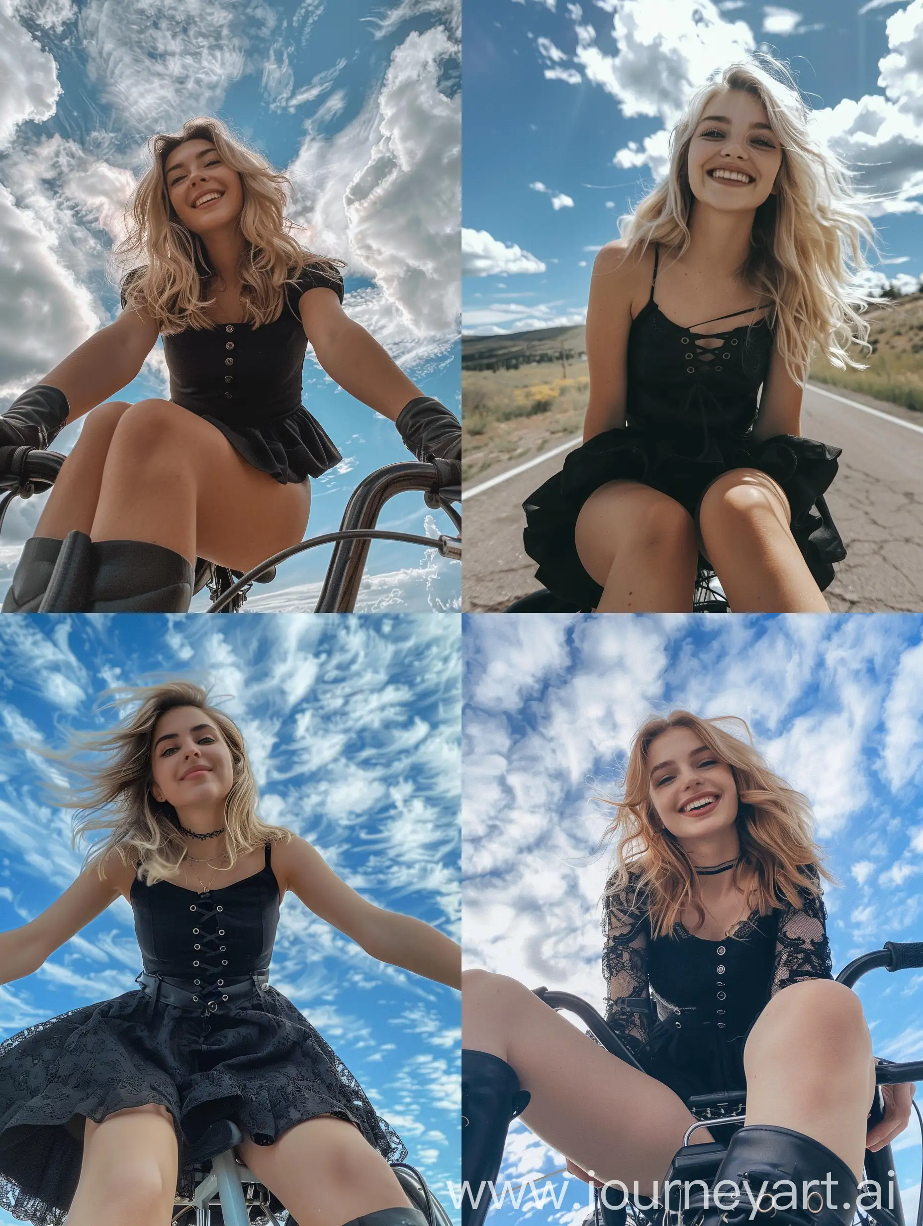 a girl, 22 years old, blonde hair, black dress, black boots, smiling, , sitting on a bicycle, fat legs, no effects, selfie , iphone selfie, no filters, natural , iphone photo natural, camera down angle, sky view, down view