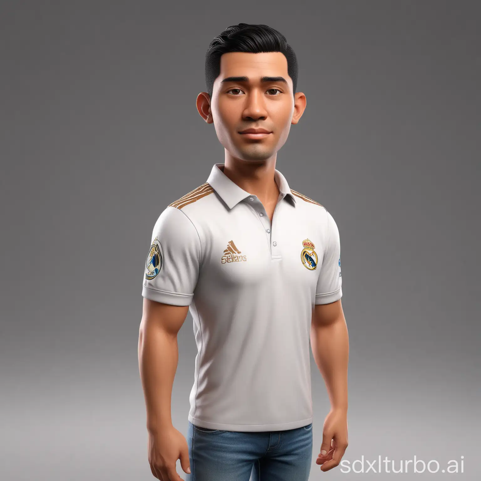 Create 3D cartoon style full body with a big head. A 40 year old Indonesian man. Tall, slightly thin body, oval face shape. Oval chin, handsome, slightly round eyes, clean white skin, faint smile. Black hair with a side part. Wearing a white shirt of real madrid. Body position is clearly visible. Background colored peach solid. Use soft photography lighting, hair lighting, top lighting, side lighting. Highest quality photos, Uhd,16k.