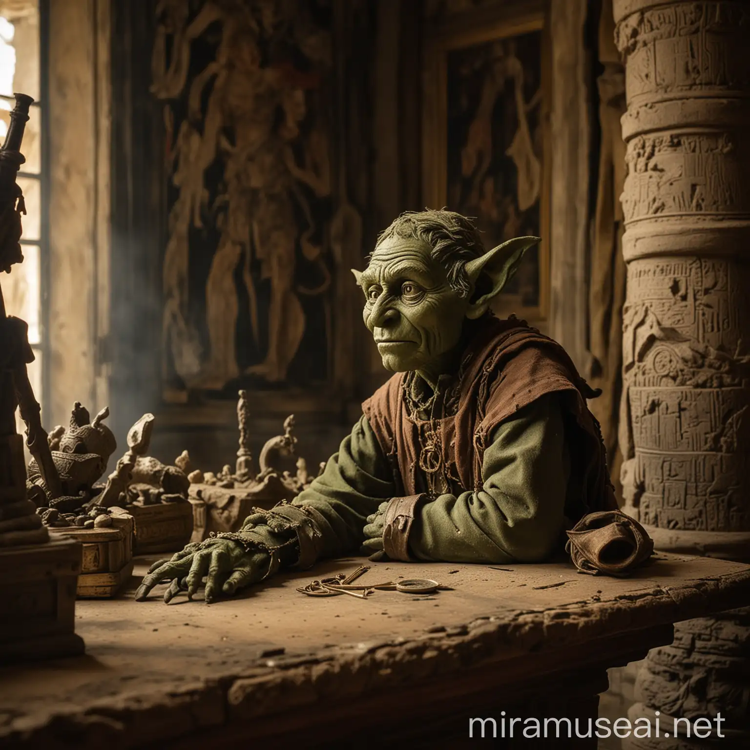 Ancient Museum Guardian GreenSkinned Goblin Protecting Treasures