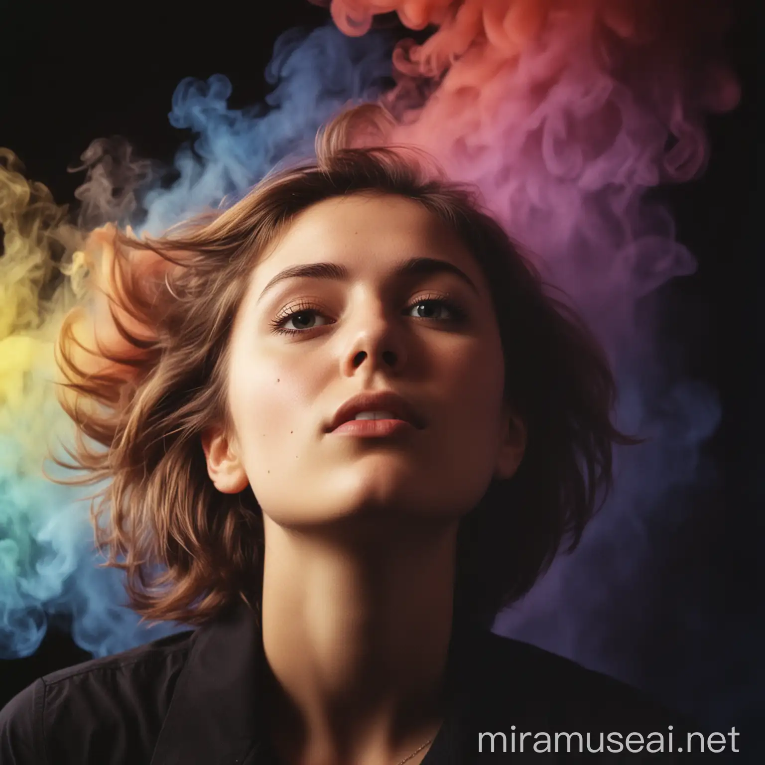 Contemplative Young Woman Amidst Colorful Smoke on Noir Background