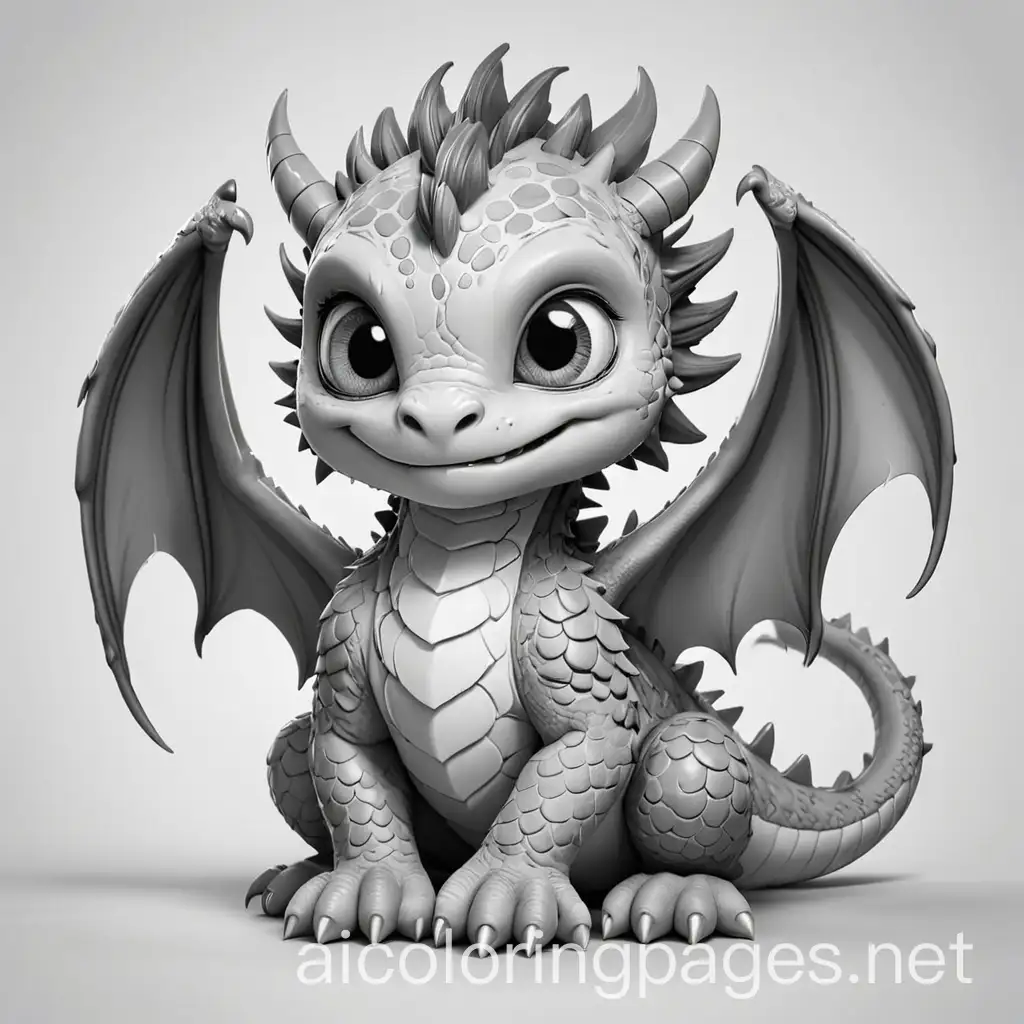 cute baby dragon tattoo design, Coloring Page for kids, black and white, line art, white background, Simplicity, Ample White Space. The background of the coloring page is plain white to make it easy for young children to color within the lines. The outlines of all the subjects are easy to distinguish, making it simple for kids to color without too much difficulty