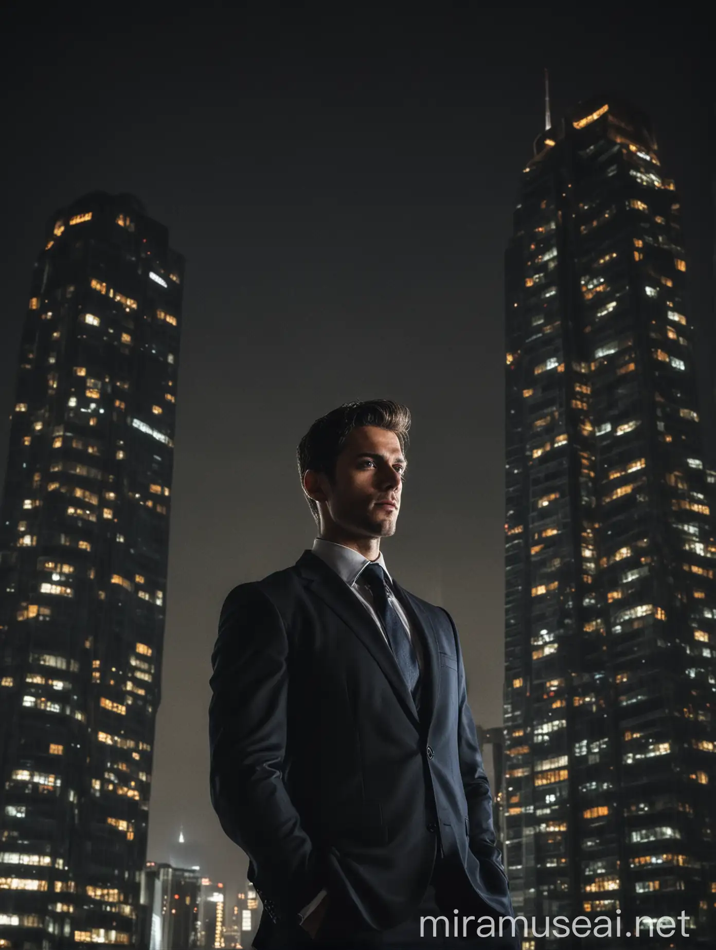 A handsome man in suit, with immerse godly lightening power surrounding him, with a skyscraper behind, in the dark night