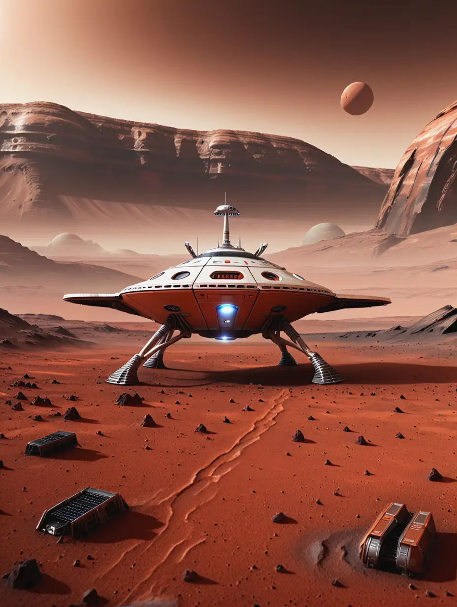Spacecraft Landing on Red Martian Terrain