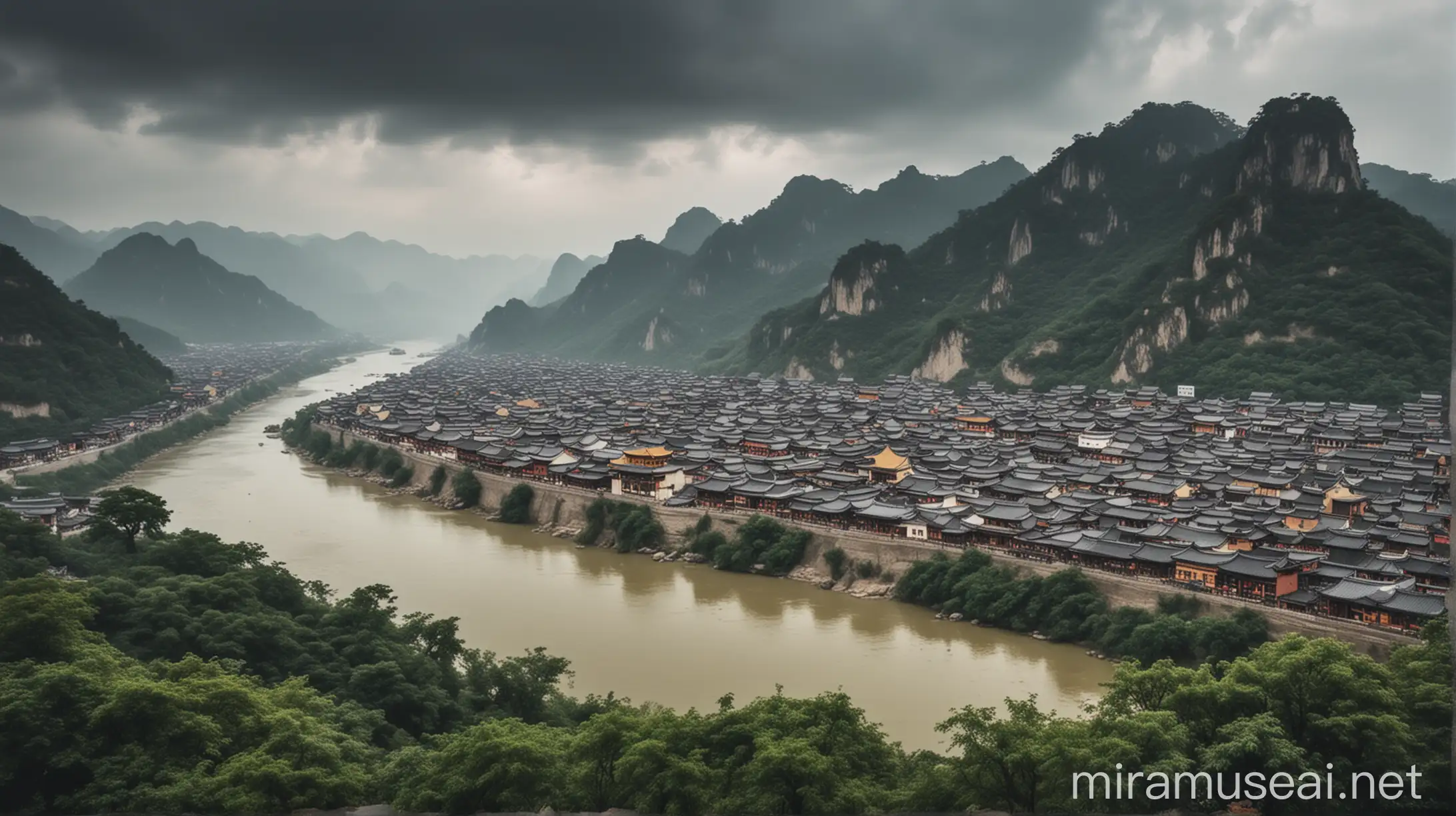 Wide shot of majestic, ancient cityscape of Jinling under the overcast, connecting to expansive mountainous lands, mood is contemplative, serene.