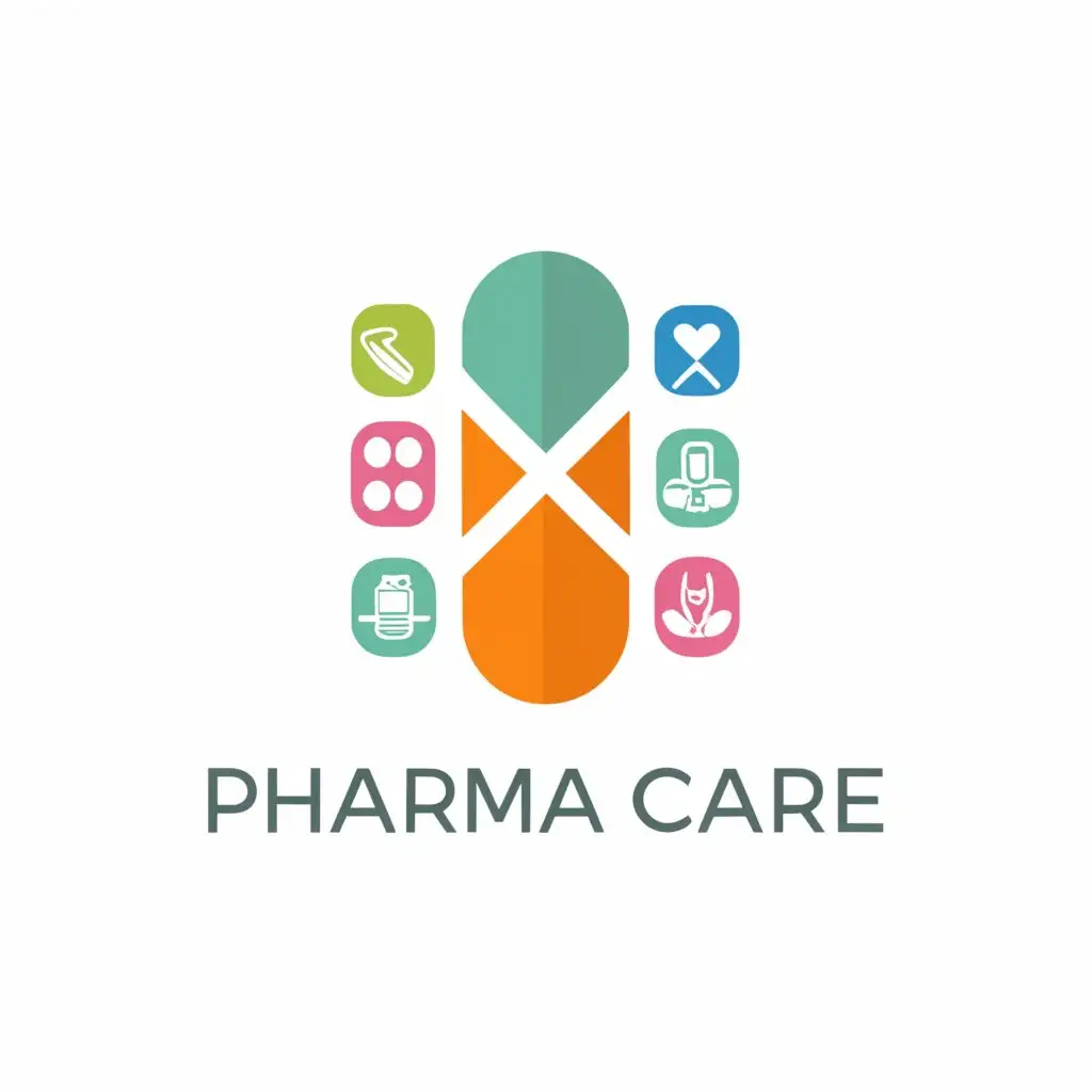a logo design,with the text "Pharma Care", main symbol:medications, recipes, health, well-being, vitamins, pills, first aid kit, prevention, care,complex,be used in Medical Dental industry,clear background
