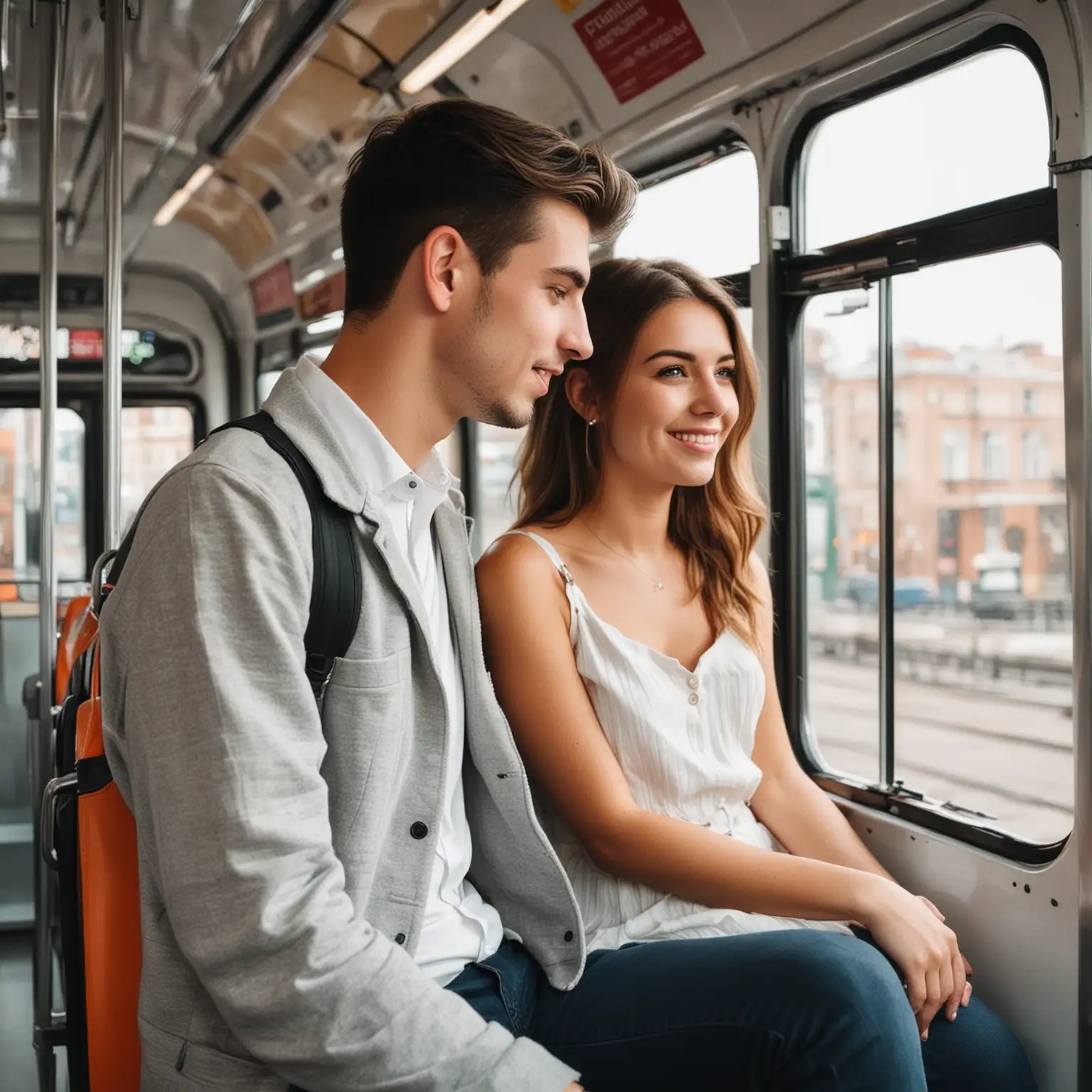 Young Couple Commuting Together in a Modern Tram