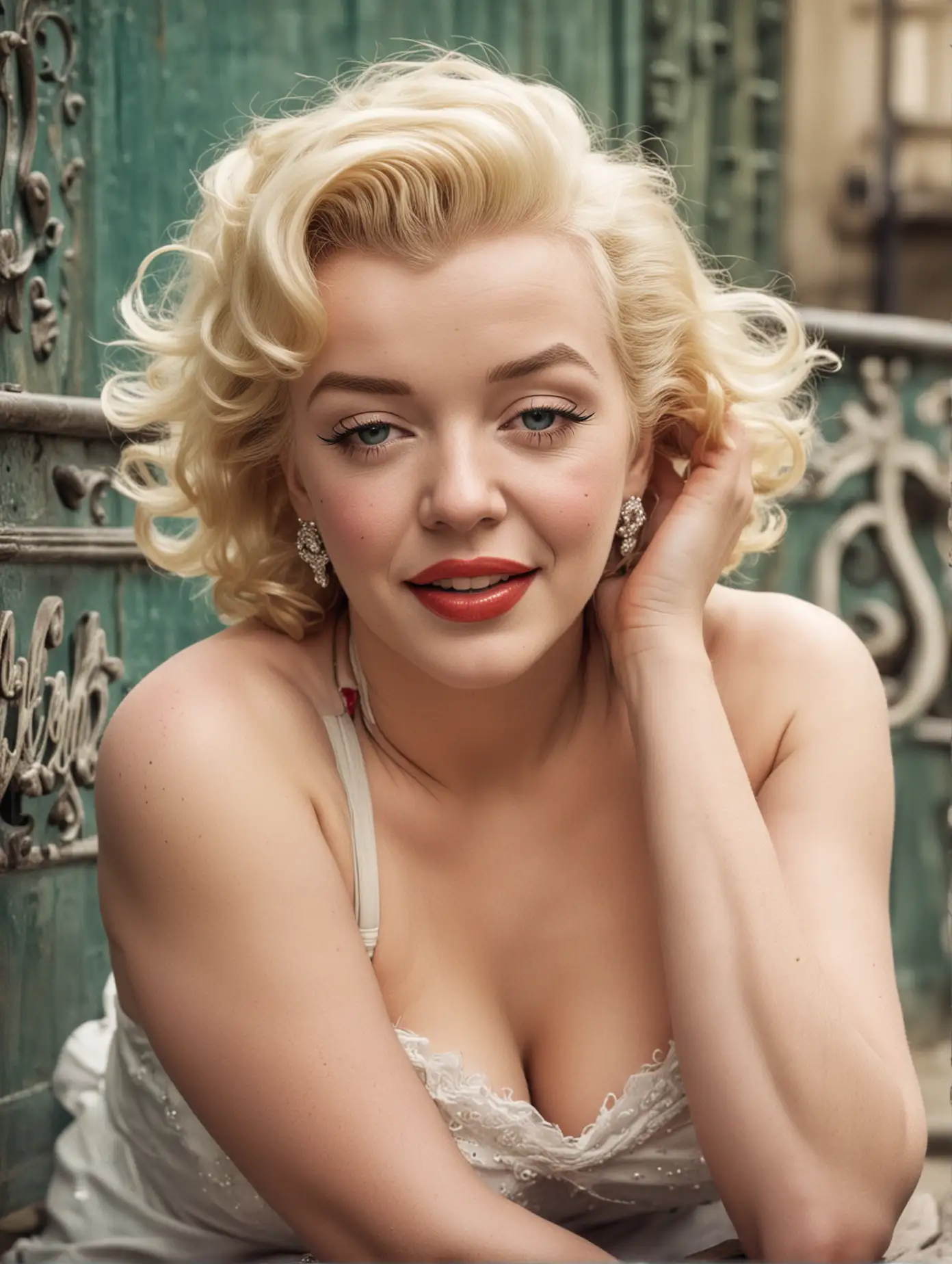 Marilyn Monroe on a Parisian bench, face detailed, colorized, in the corner are the word 'Marilyn'