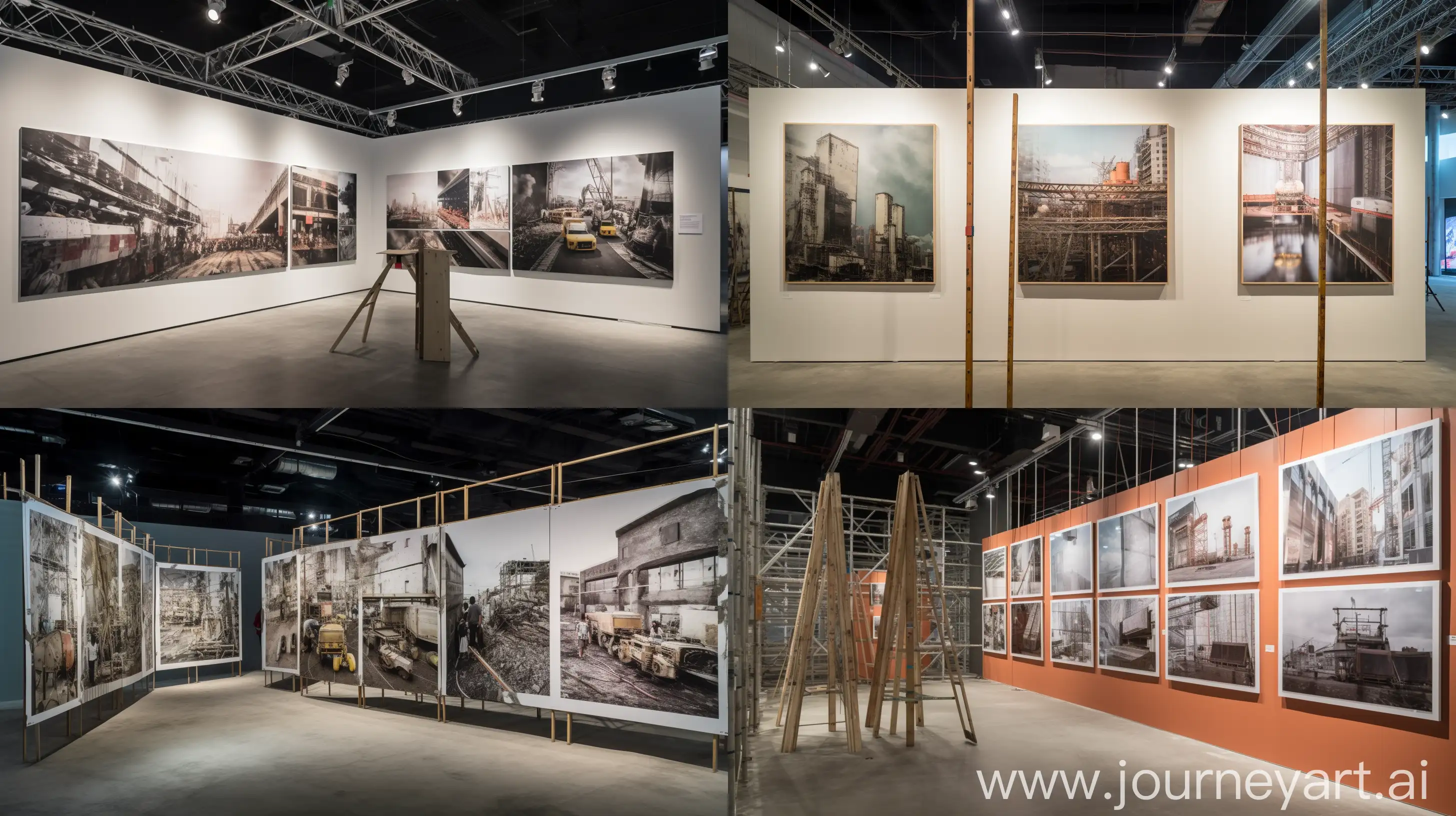 Interior of a photo exhibition featuring three large, wide-angle photos of construction sites, mounted on scaffolding in front of an exhibition wall like ad banners. The photos have holes and tears, revealing smaller close-up photos behind them on the wall. --ar 16:9 --v 5