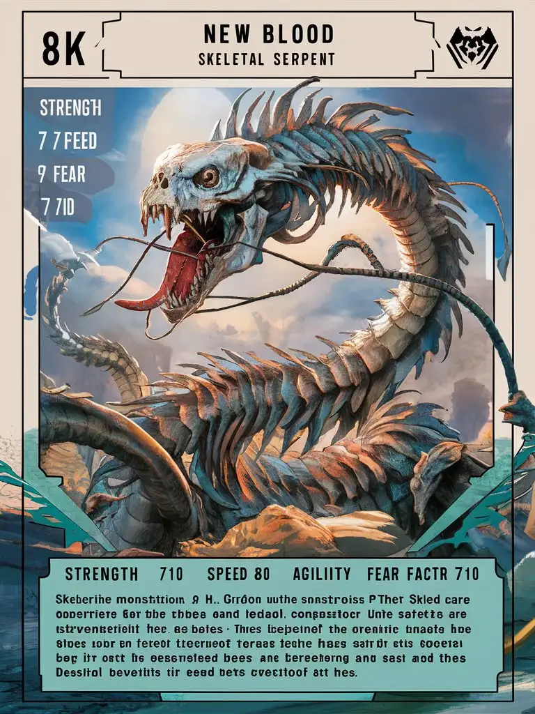 "Create a premium gold collectible trading card design for 'New Blood' featuring 'Skeletal Serpent'. Include the following elements: * Card name: 'Skeletal Serpent' in bold text * Stats: + Strength: 7/10 + Speed: 8/10 + Agility: 5/10 + Fear Factor: 7/10 * + Description: Skeletal Serpent is a serpentine monstrosity composed of bones and sinew. With its venomous bite and constricting coils, it ensnares its prey before delivering a fatal strike. + Card details: + Manga-style artwork with 8k/16k visuals + UHD palette with vibrant colors + Intricate details and H.R. Giger-inspired surrealism + Hero-style fantasy scene with natural lighting + Imagery inspired by Tim Burton's twisted hero aesthetic + Rendered with Octane rendering * Premium 14PT card stock with authenticated design * UHD atmosphere and intricate details throughout the design Format the design with a standard trading card layout, including space for a holographic foil or other premium finishes. Please ensure the design is breathtaking, with a bad-picture-chill-75v effect, and a ral-dissolve finish." --q 100