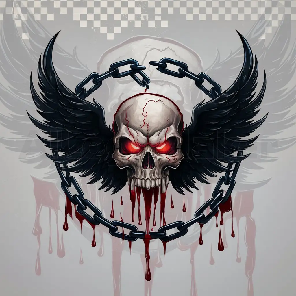 a logo design,with the text "Fallen angel", main symbol:Skull with black wings, symbolizing a fallen angel, surrounded by a chain from which blood drips.,Moderate,clear background
