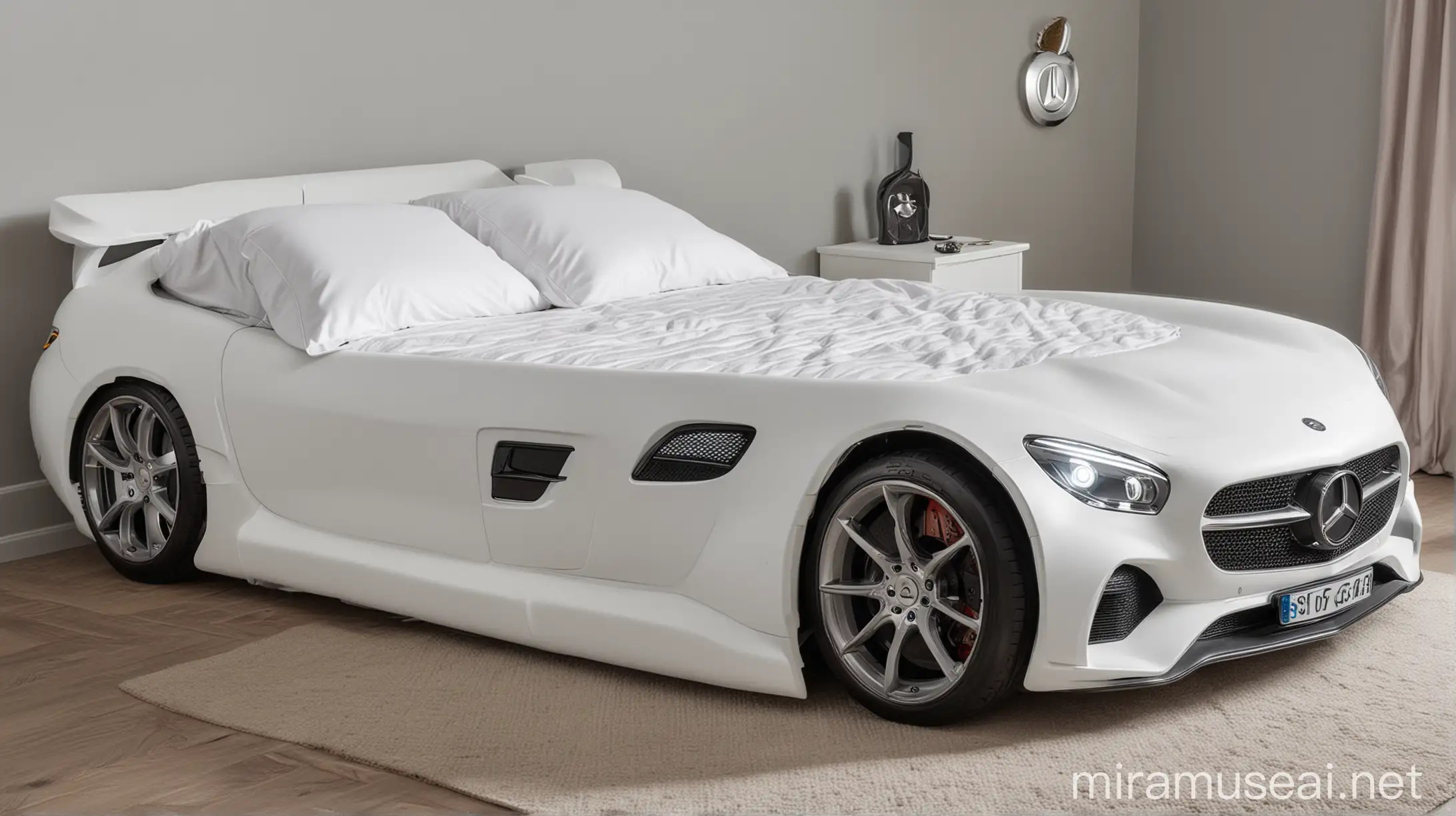 A double bed in the shape of a Mercedes gt car.