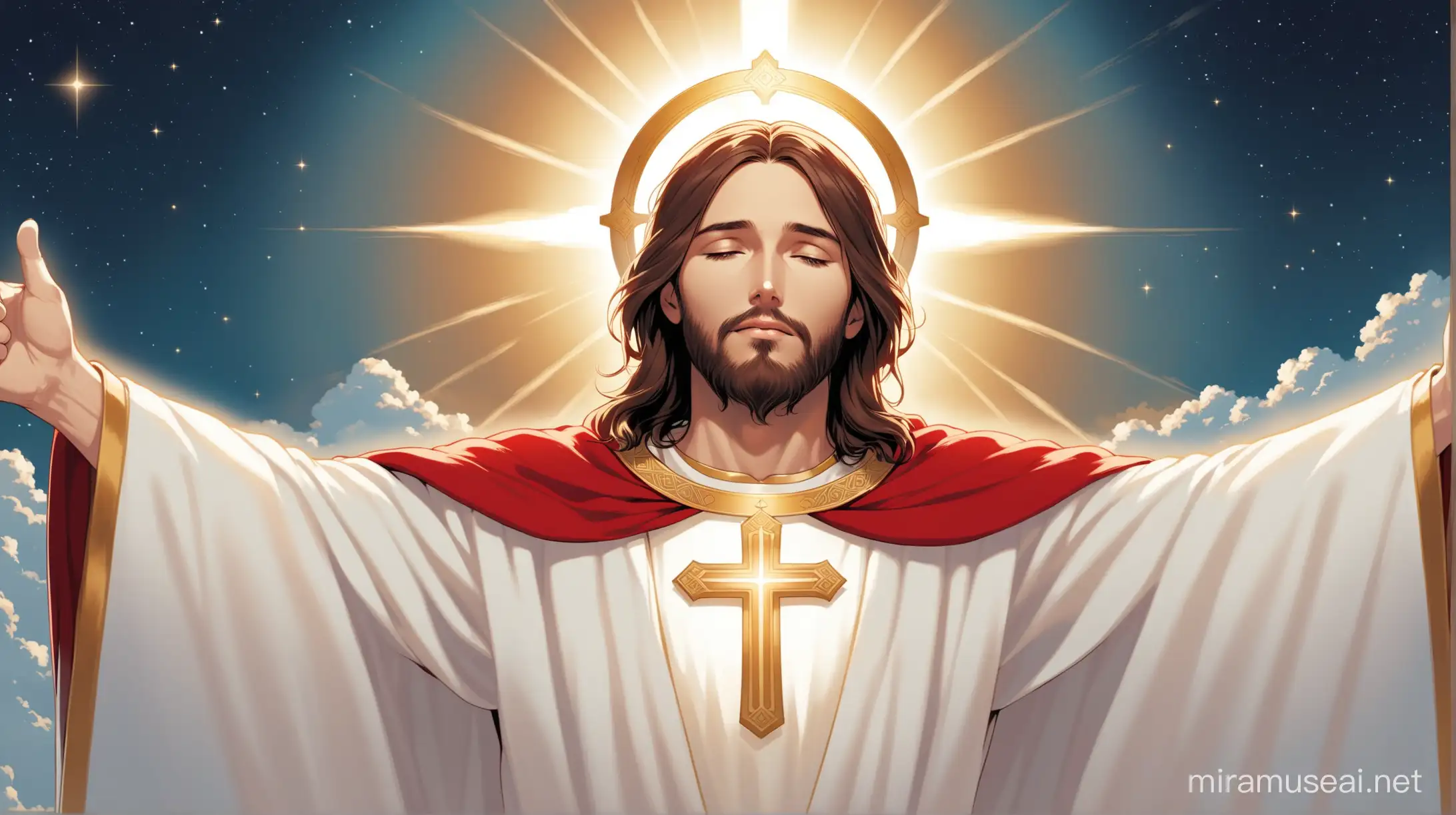 Jesus Christ standing in heaven with a orthodox halo around his head, he wears red cape and white robe, he's peaceful and looks like he wants to hug the camera