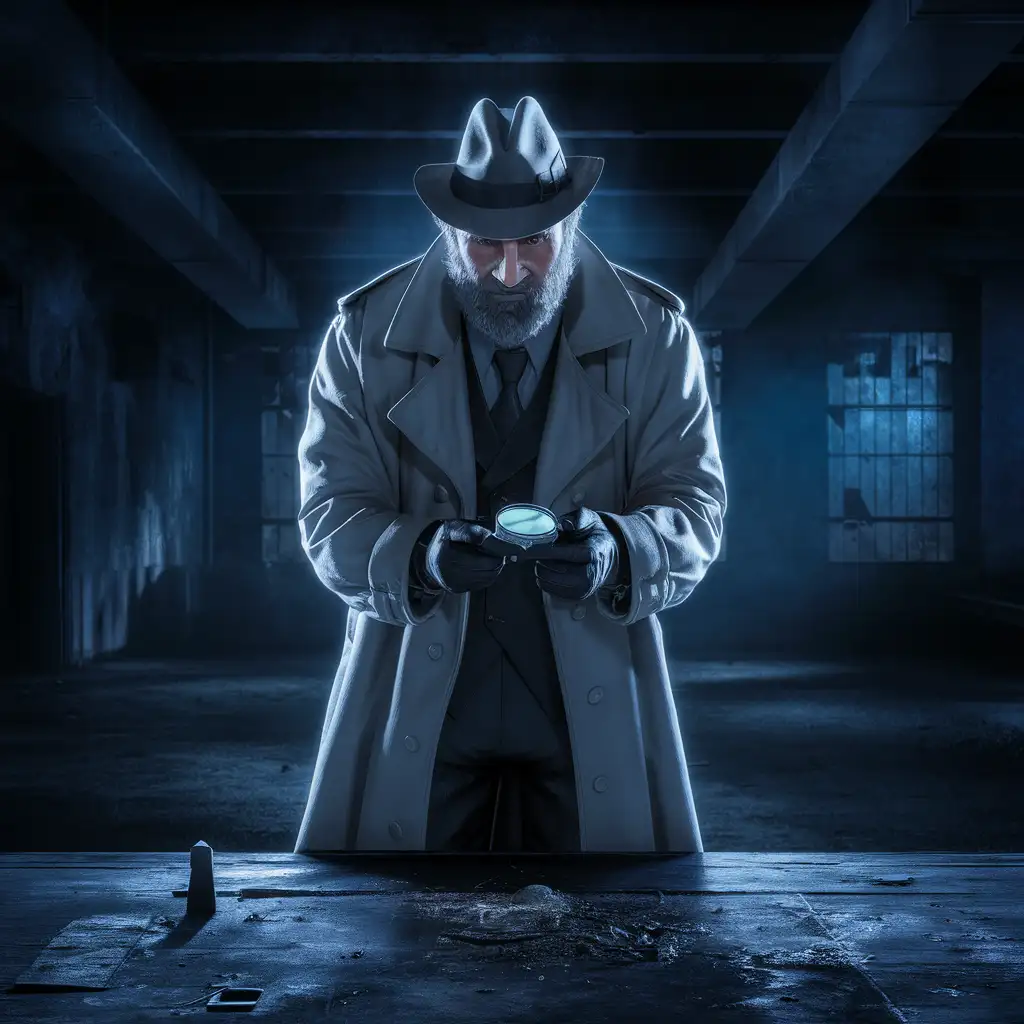 Grizzled Detective Investigating Crime Scene with Determination