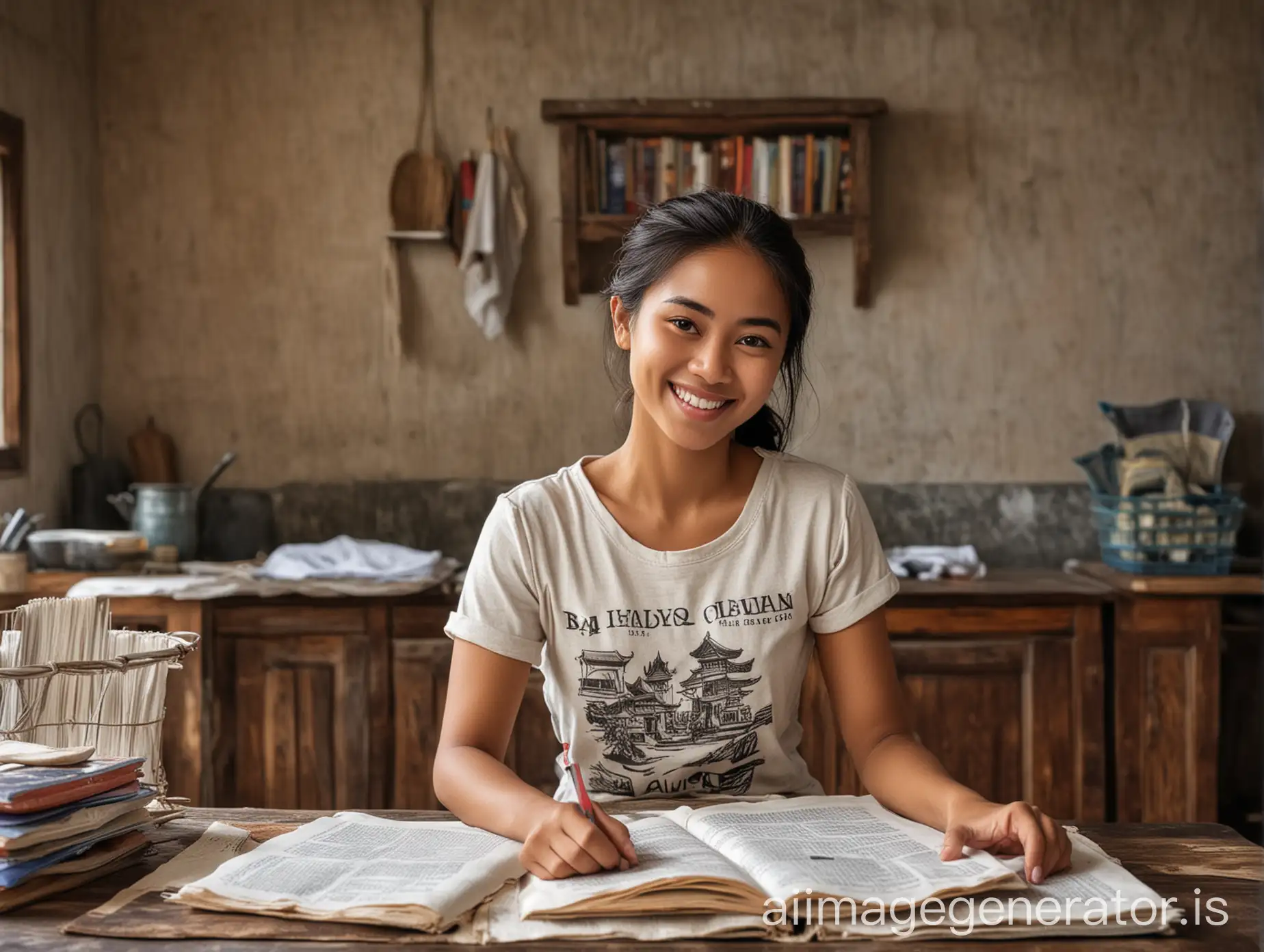 Young-Balinese-Woman-Studying-Books-in-Bali-TShirt-Surrounded-by-Household-Chores