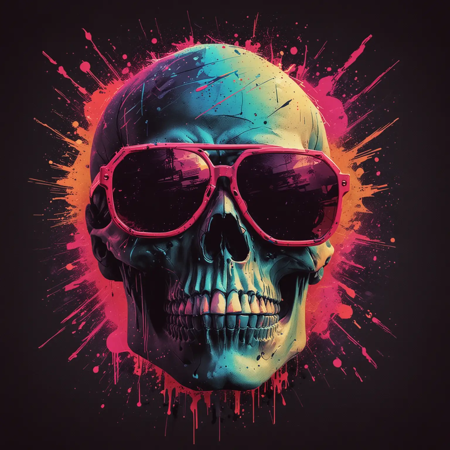 synth neon sunglasses in the style of minimalist 80s trance poster illustration featuring skull and ink splash, neon, bold, color-blocked compositions, geometric, faded to black.