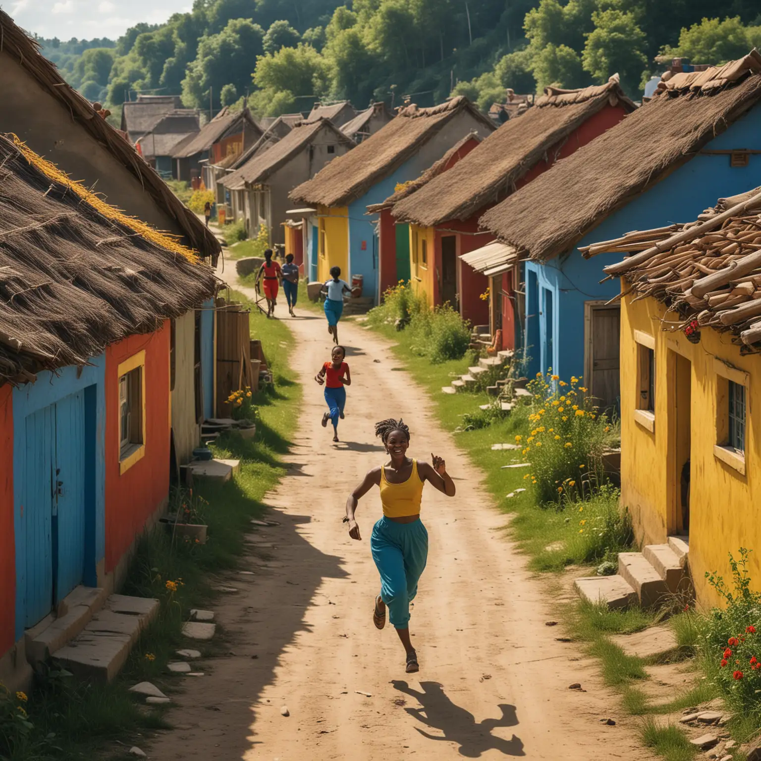 lots of black woman running in village houses blue red yellow green
