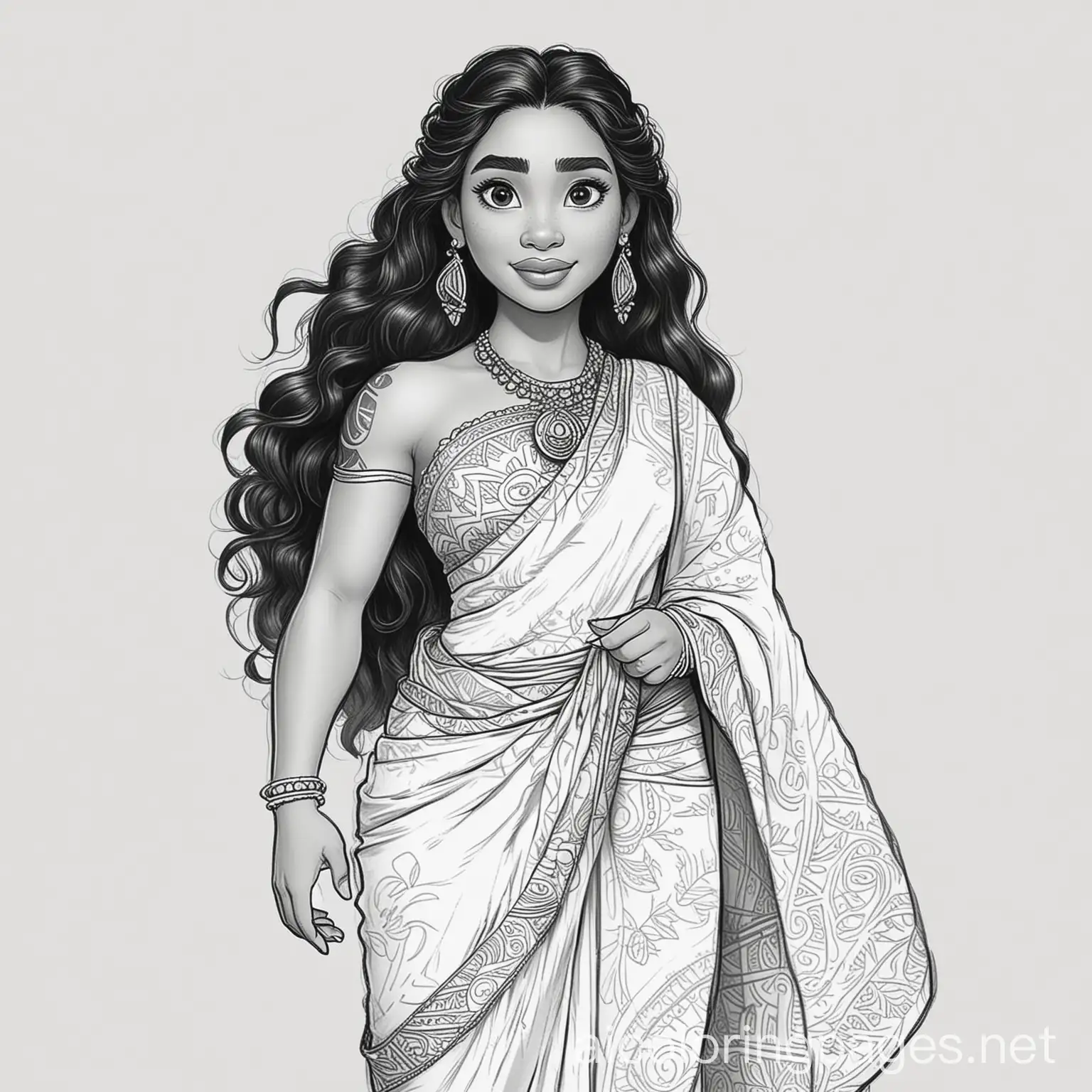 Princess Moana with sari, Coloring Page, black and white, line art, white background, Simplicity, Ample White Space. The background of the coloring page is plain white to make it easy for young children to color within the lines. The outlines of all the subjects are easy to distinguish, making it simple for kids to color without too much difficulty