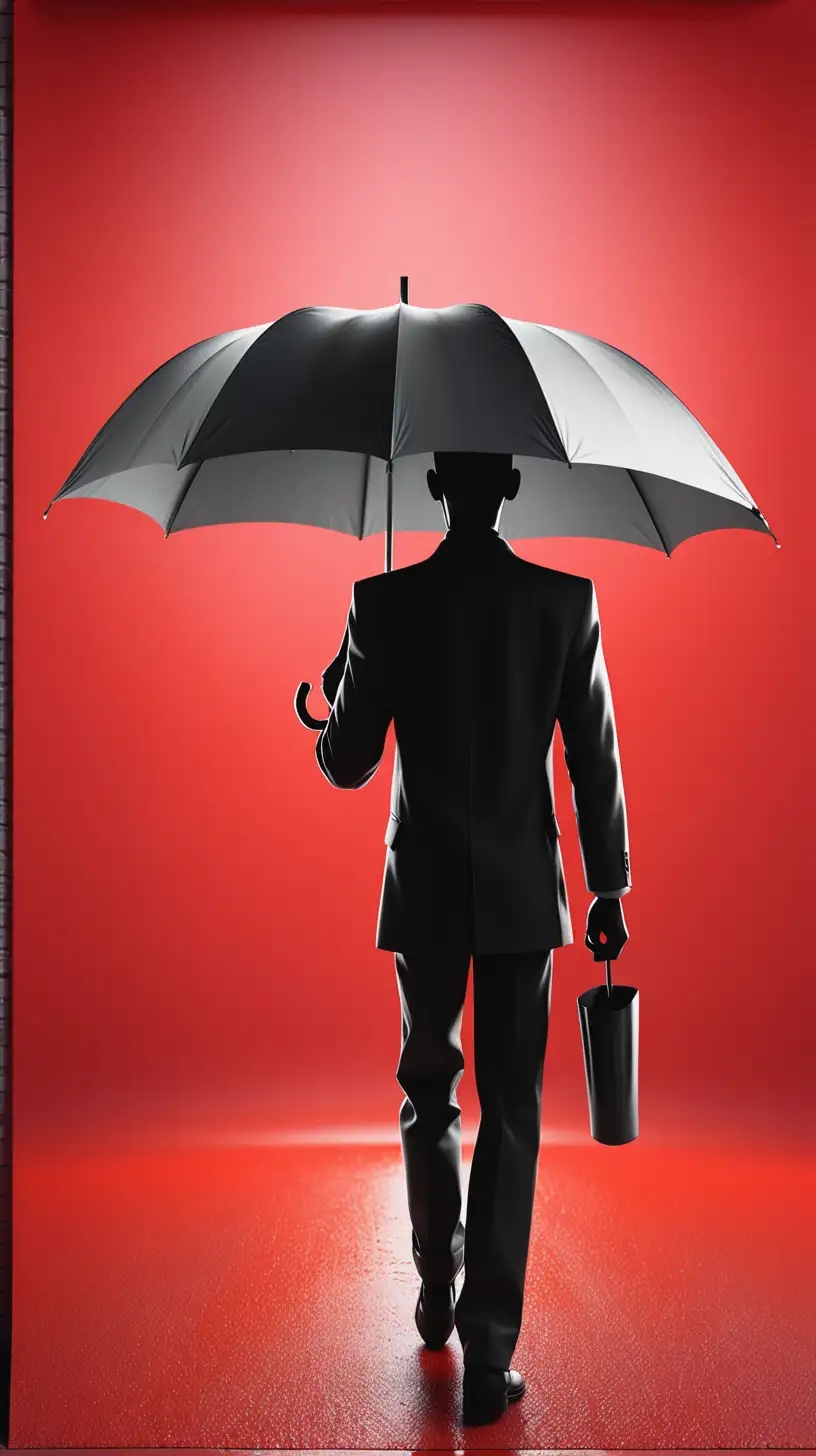 Silhouette of Proud Man with Umbrella Approaching Viewer on Red Background Poster