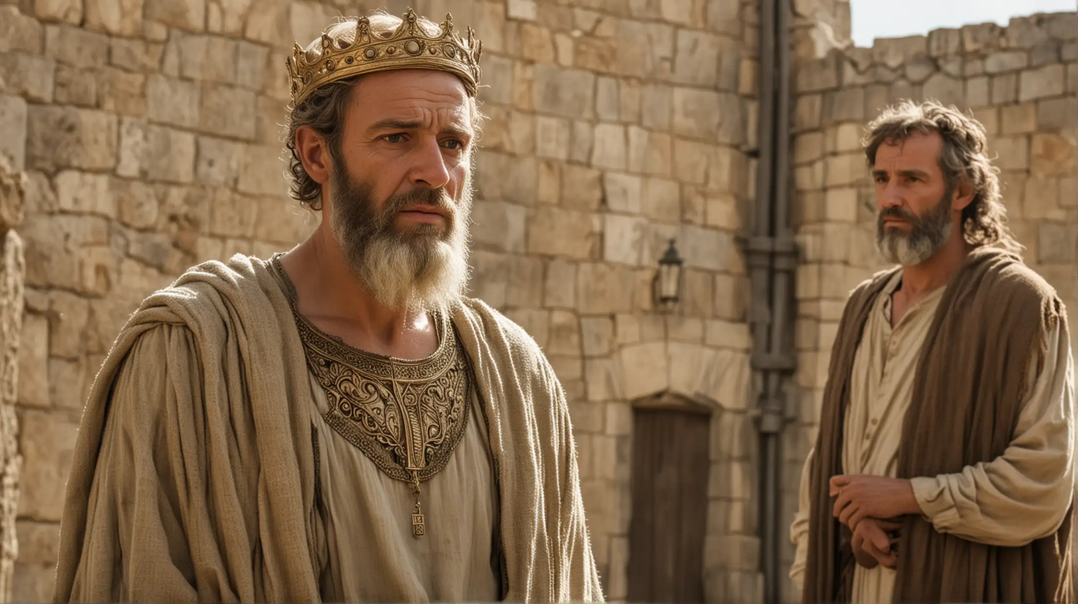 a Tall handsome 40 year old king Saul beside an old man of average height  in town. Set during the Biblical era of King David.