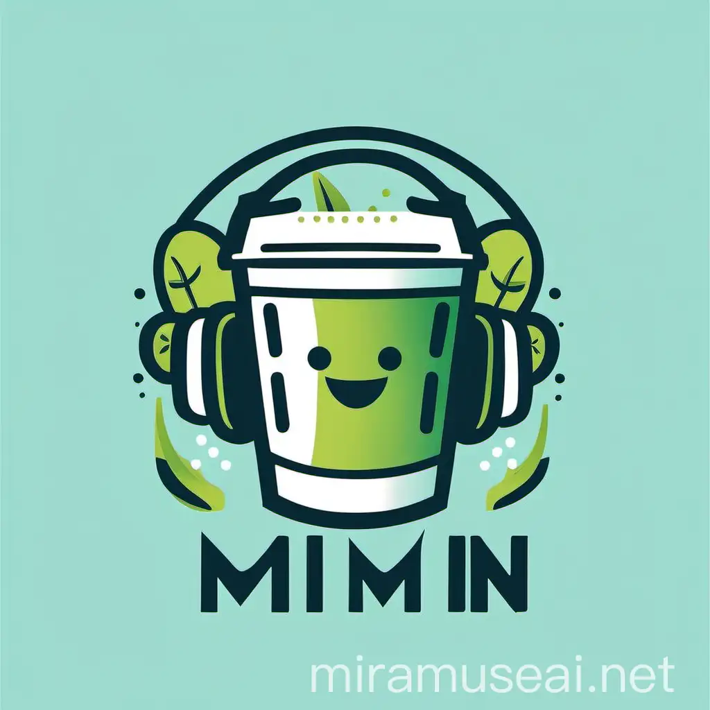 Create a logo for a food and beverage business named 'Es Mimin'. The logo should include an icon of an admin wearing headphones, similar to the provided image, to signify the office worker theme. The design should also incorporate elements that represent both drinks and food to convey practicality and convenience. The overall style should be professional, friendly, and modern. Use an inviting color scheme with blue, green, and white to signify freshness and convenience. Ensure the logo is in a 1:1 aspect ratio, has a transparent background, and is in PNG format so it can be easily placed on drink cups and food boxes.