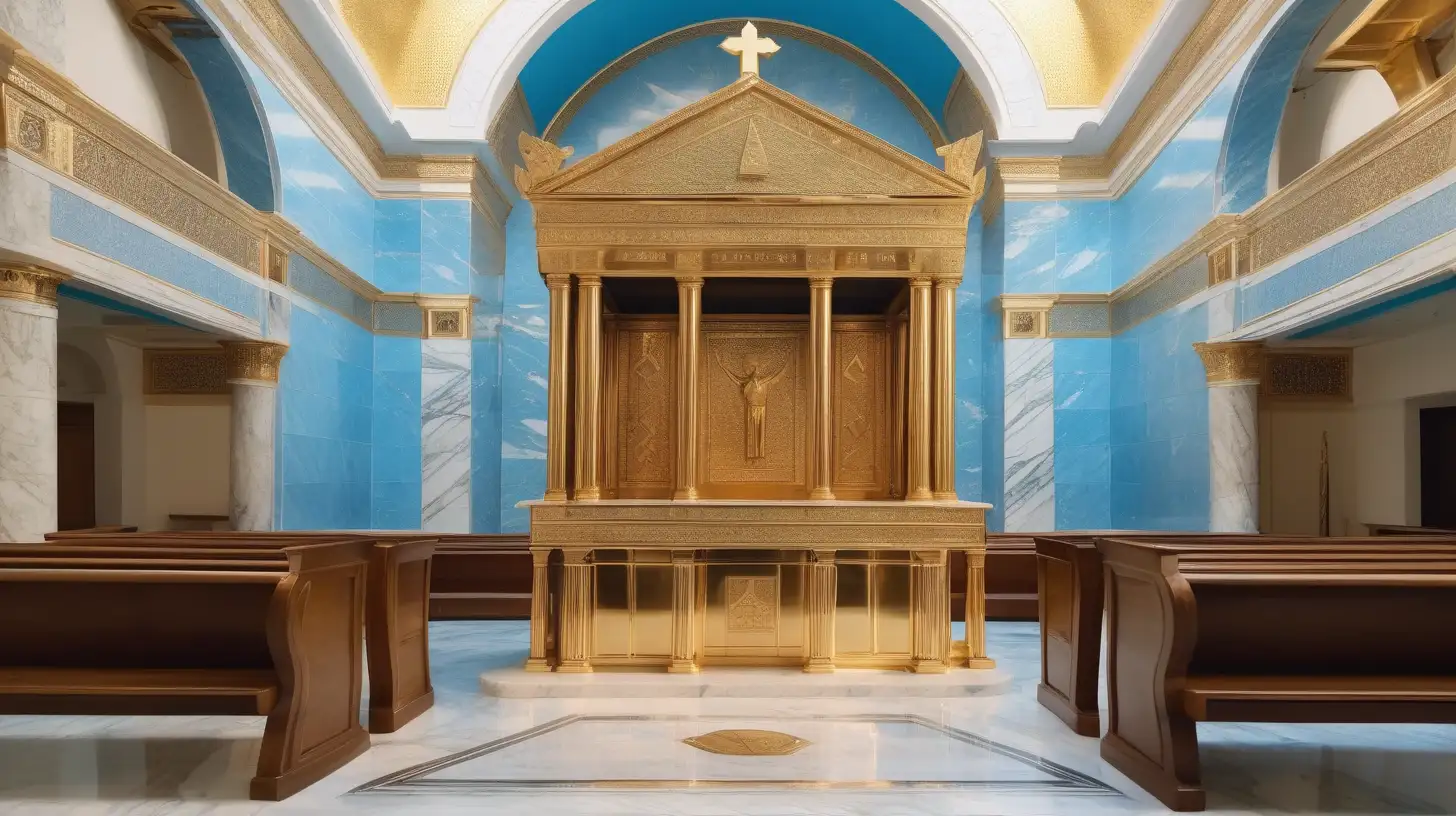 epoque biblique, une immense synagogue bleu clair avec l'armoire de la Torah, lumière chaude, marbre, or, l'armoire faut au moins 5 mètres de haut et est en or, bancs en bois