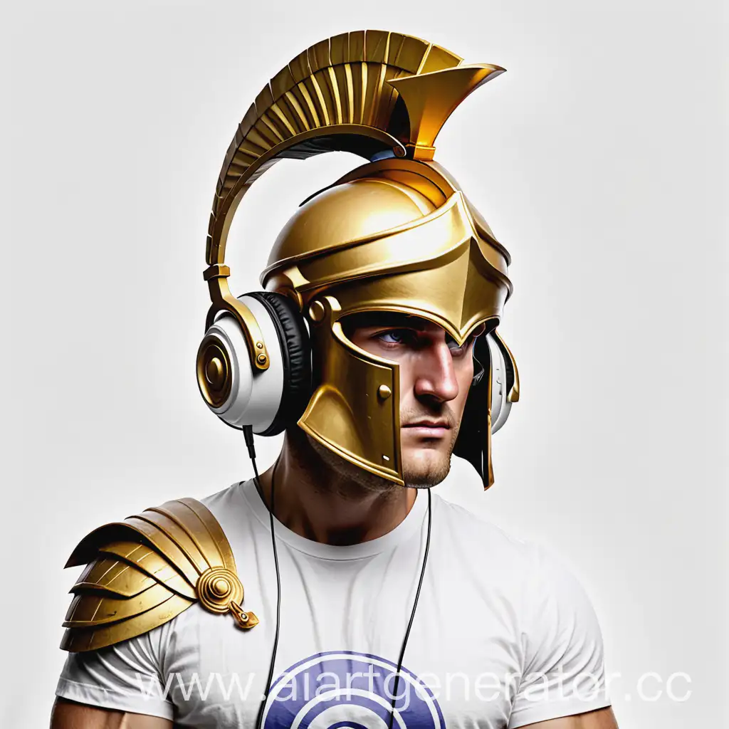 ахиллес стример в наушниках видна только голова и плечи также носит золотой греческий шлем с гребнем а на шлеме наушники в белой футболке