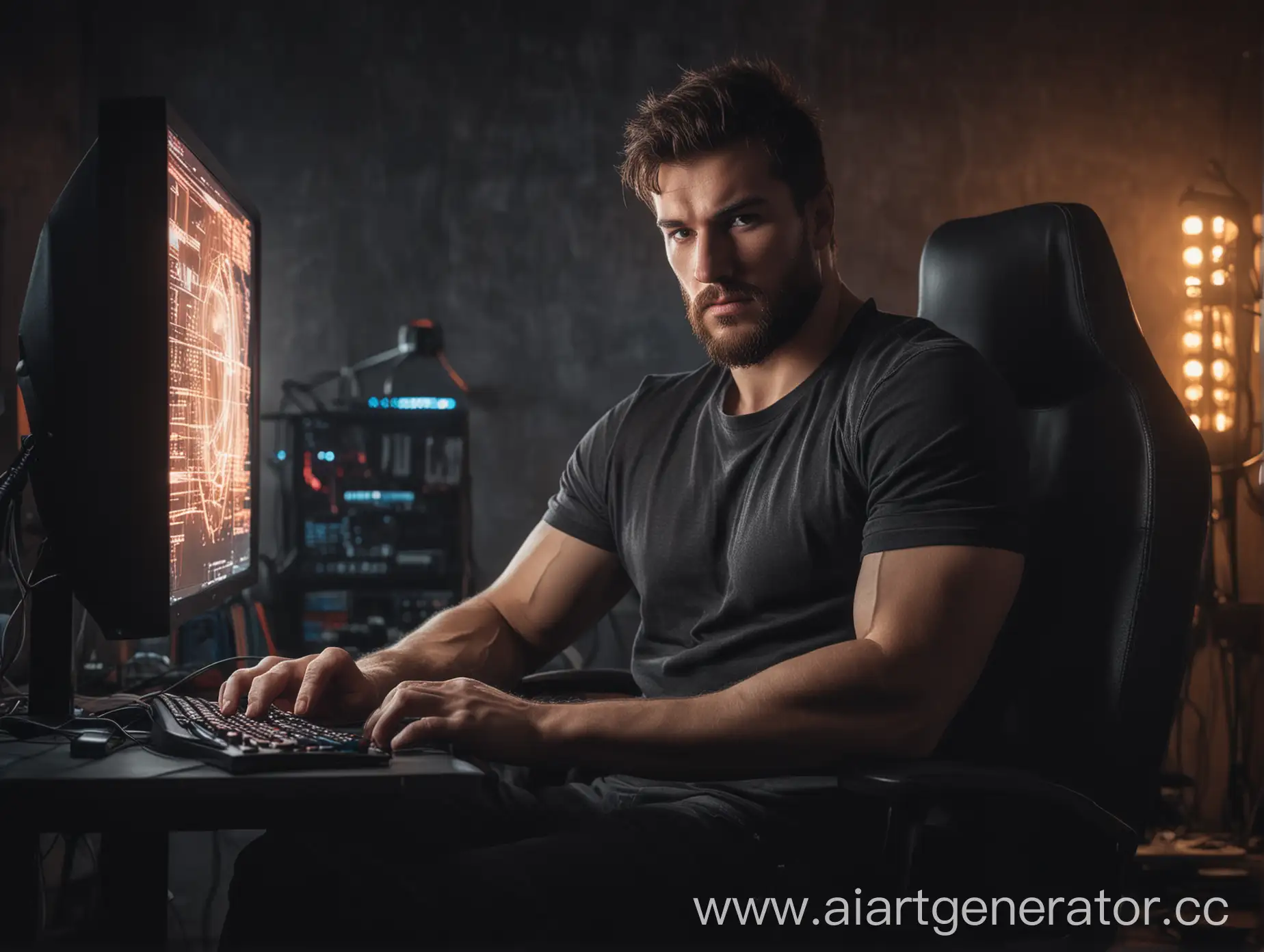 накачанный, брутальный, мужчина, программист, сидит в крутом кресле, смотрит в камеру, тусклое освещение, ярко горит экран компьютера