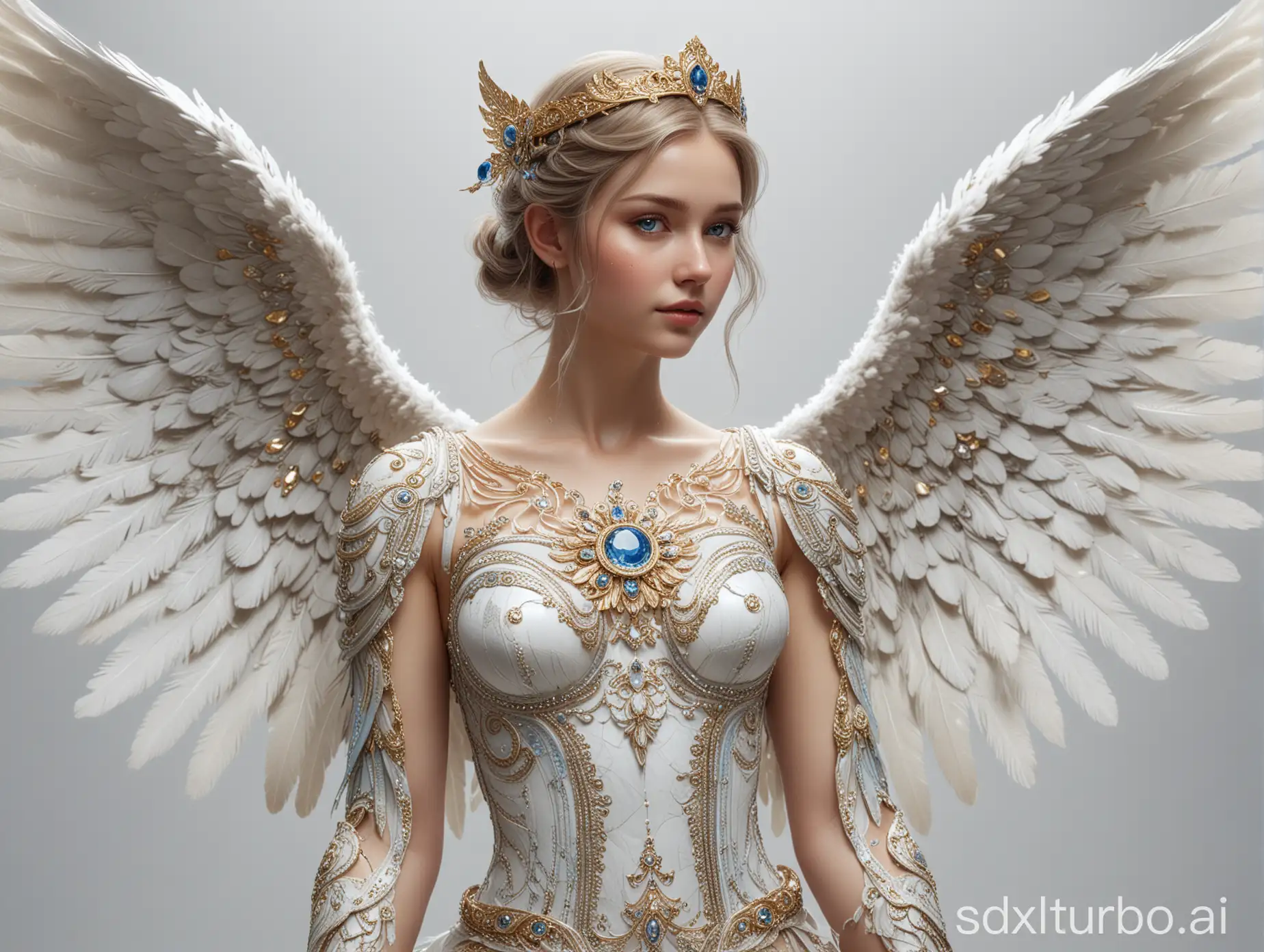 A RAW image of a magnificent angel with wings in a full-body shot from a distance of 15 meters, showing clean hands and fingers as they put high heels shoes and shining gems on wing tips. The entire body and wings are in sharp focus, with striking blue eyes, detailed face and skin texture, and outstretched wings adorned with gold and silver tips and intricate, ornate feathers with marble and bone patterns in a spiral design reminiscent of Final Fantasy. The image is stunningly beautiful, with the goddess-like angel wearing translucent garments, well-suited for both photography and artistic representation in 8k resolution, high detail, realistic lighting, focusing on hands and face, painted style, strong composition, and winning awards with a simple white background.