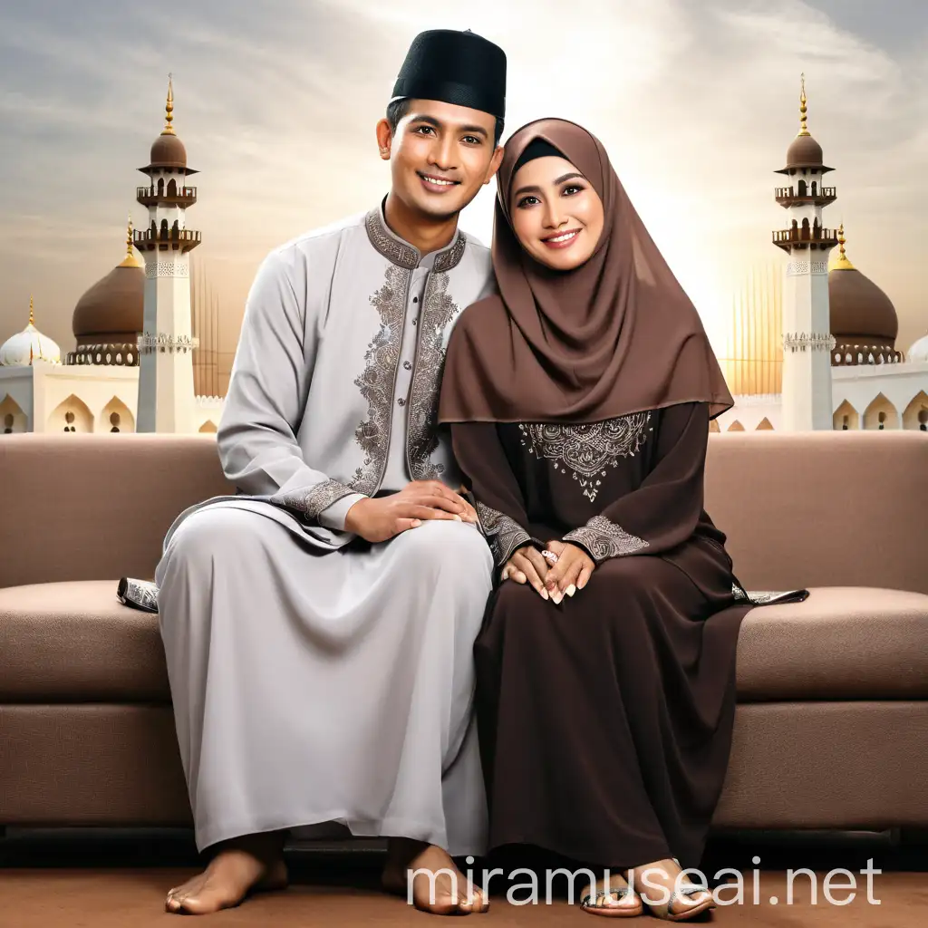 Romantic Indonesian Muslim Couple Sitting in Front of Mecca Dome