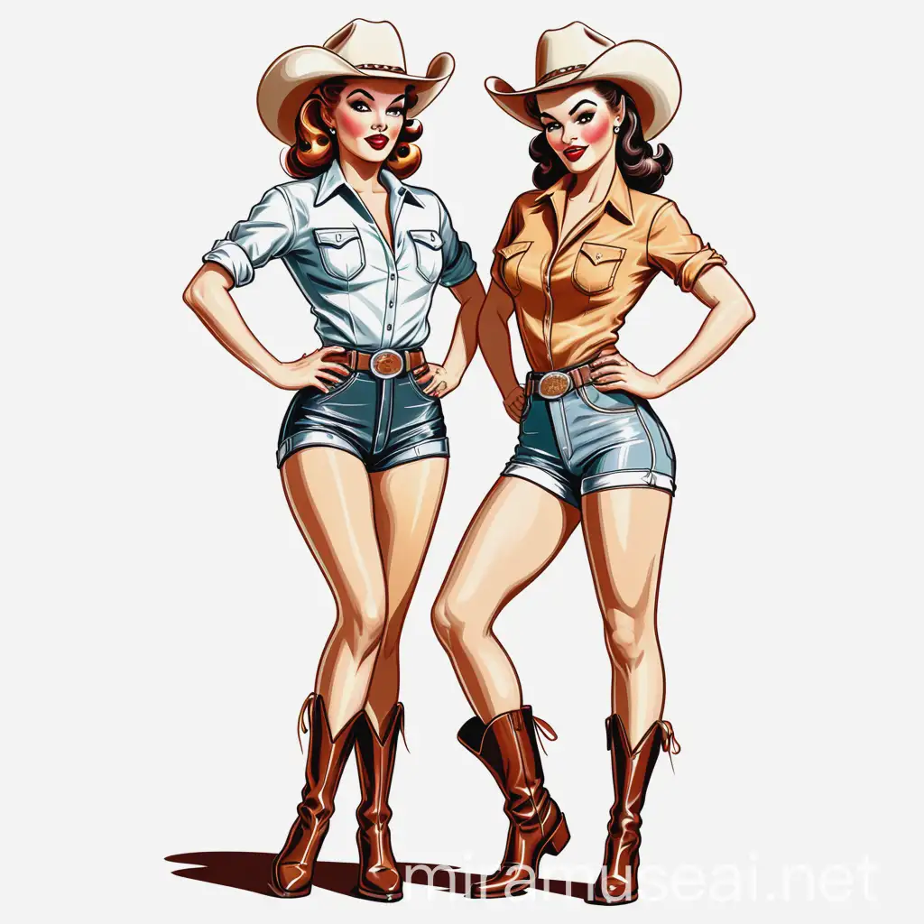 Vintage Cowgirls PinUp Illustration in Dance Shorts