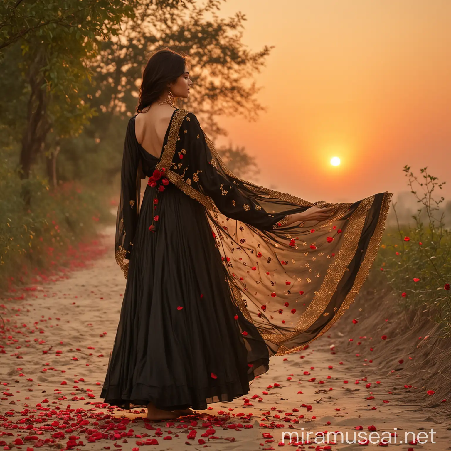 A woman stands gracefully under a soft, golden sunset, wearing a flowing black dupatta adorned with a single, vivid red rose. As a gentle breeze dances through the air, delicate rose petals begin to cascade down, landing softly on her shoulder, each petal adding a touch of ephemeral beauty to the serene scene.