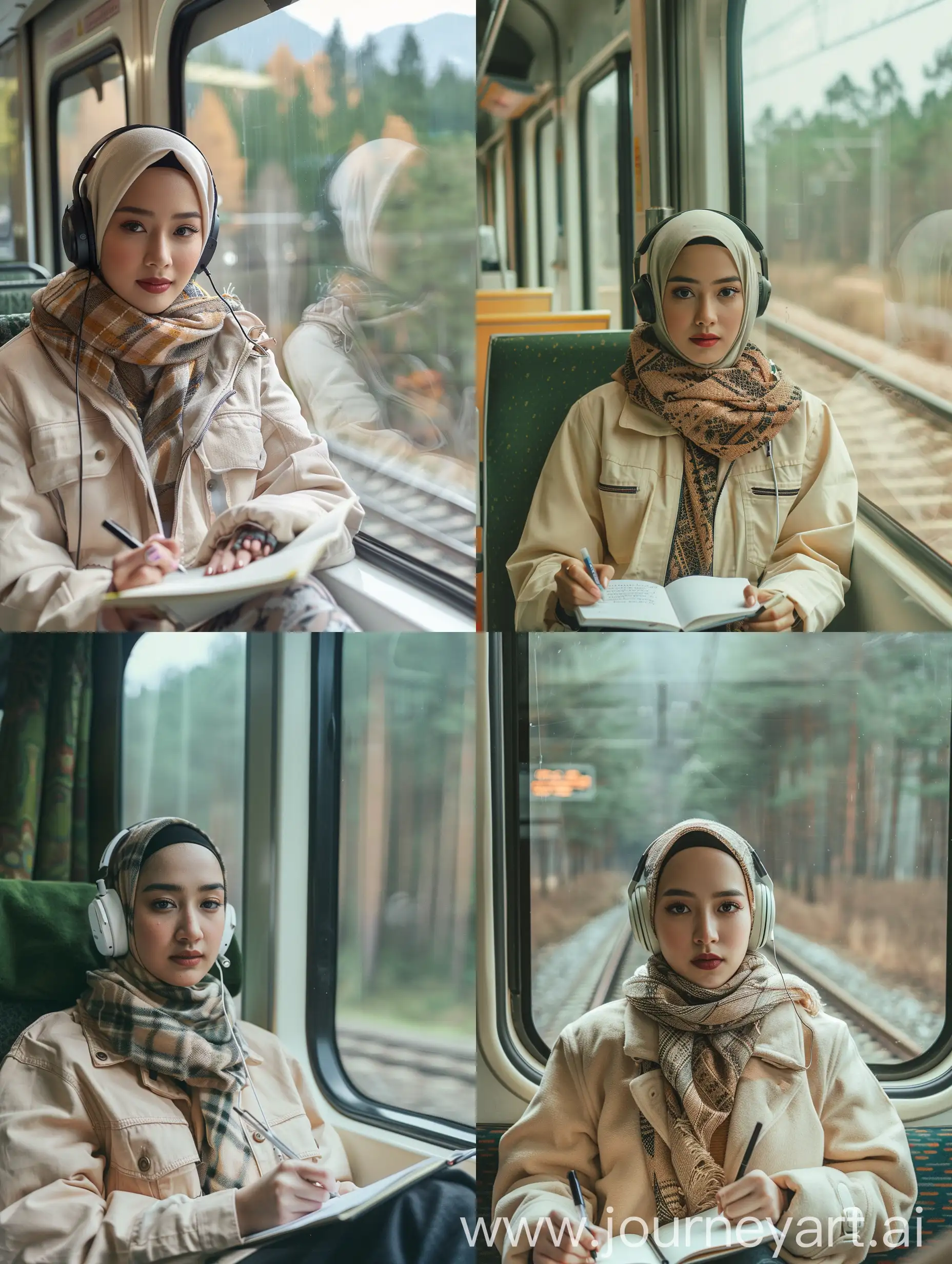 Solo-Portrait-of-Beautiful-Thai-Woman-in-Hijab-Writing-in-Journal-on-Empty-Train