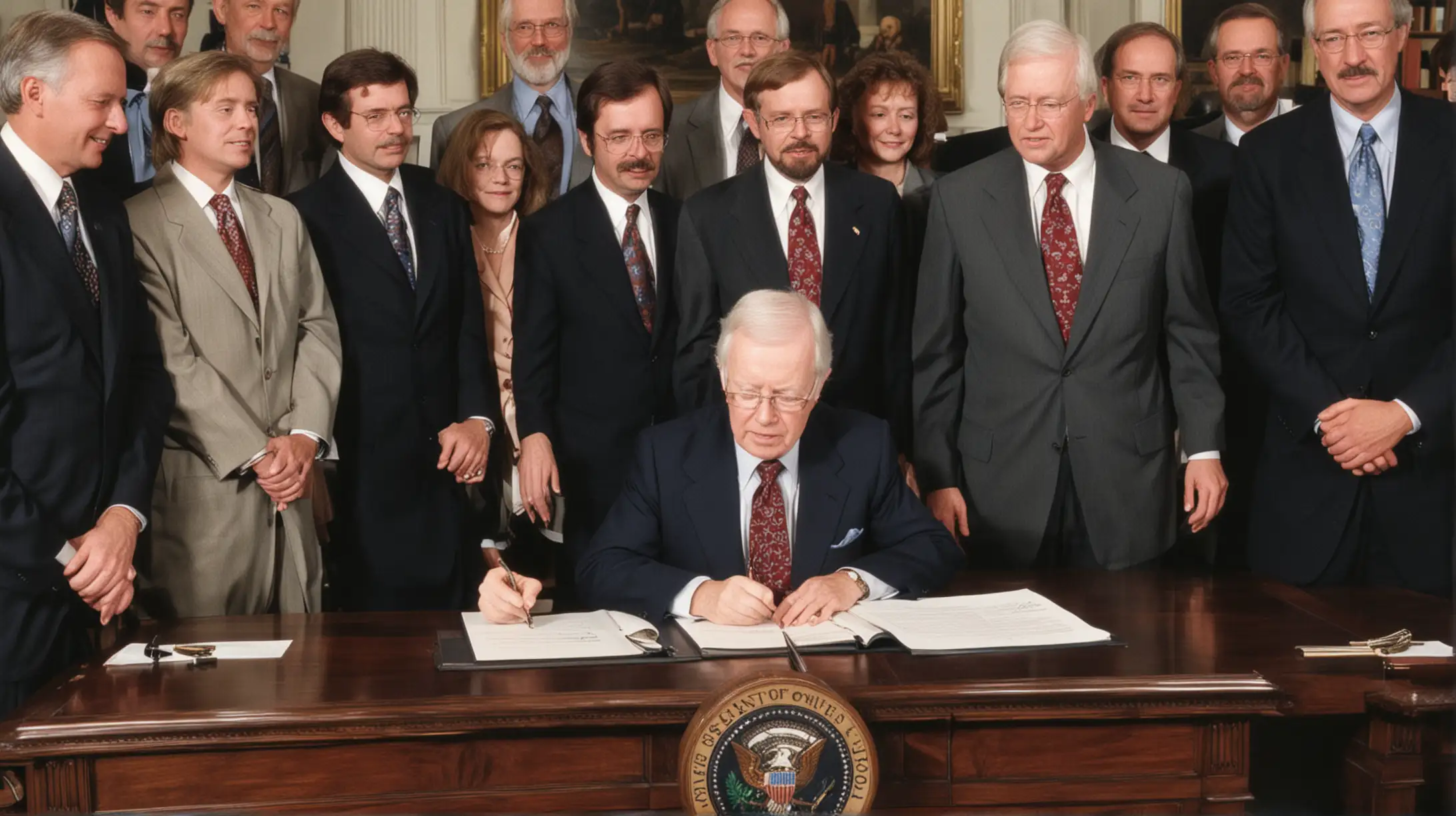 Image prompt: Departamento de Energía
Description: An image of Jimmy Carter signing legislation to establish the Department of Energy, surrounded by energy experts and scientists, with visuals of renewable energy sources like wind turbines and solar panels, highlighting Carter's commitment to energy conservation and alternative energy development.