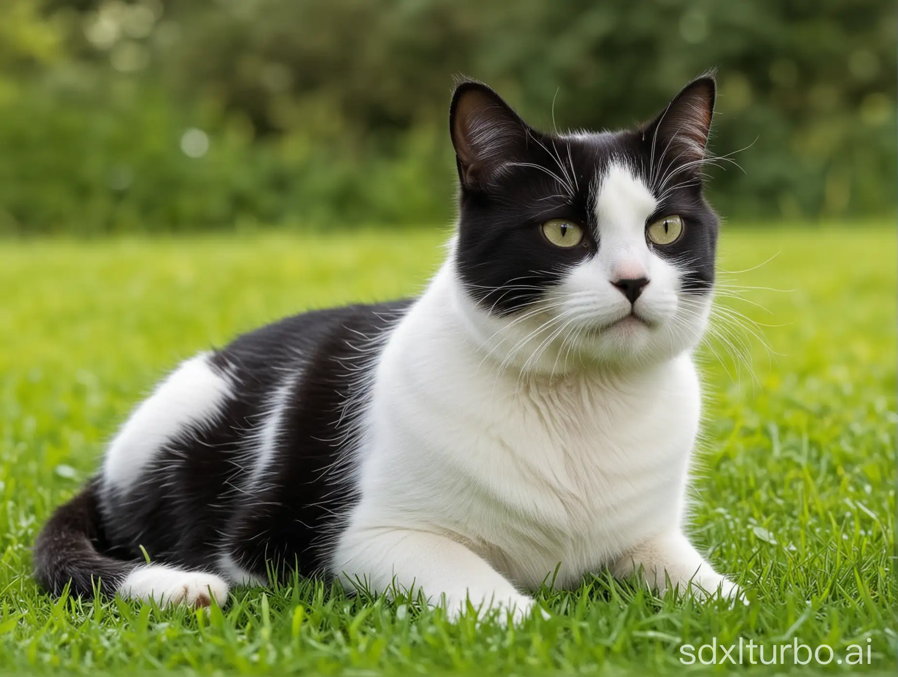  Schwarz weiß  Katze in einem Park auf dem Rasen