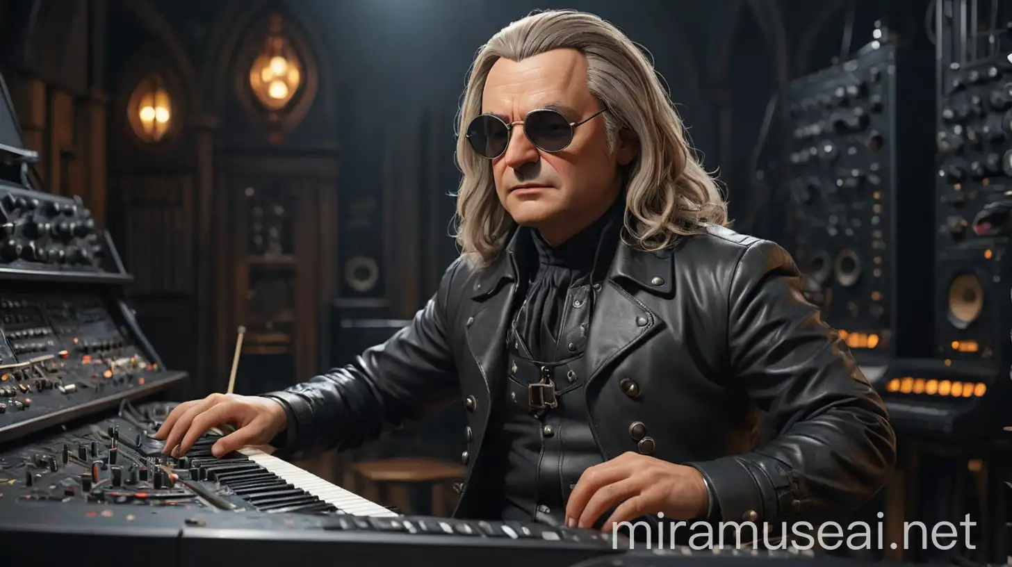 Johann Sebastian Bach, wearing a leather suit and round dark glasses, playing a large synthesizer at night in his gothic studio full of musical instruments.