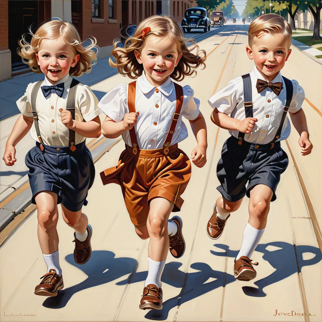 leyendecker-style 4-year-old children running around