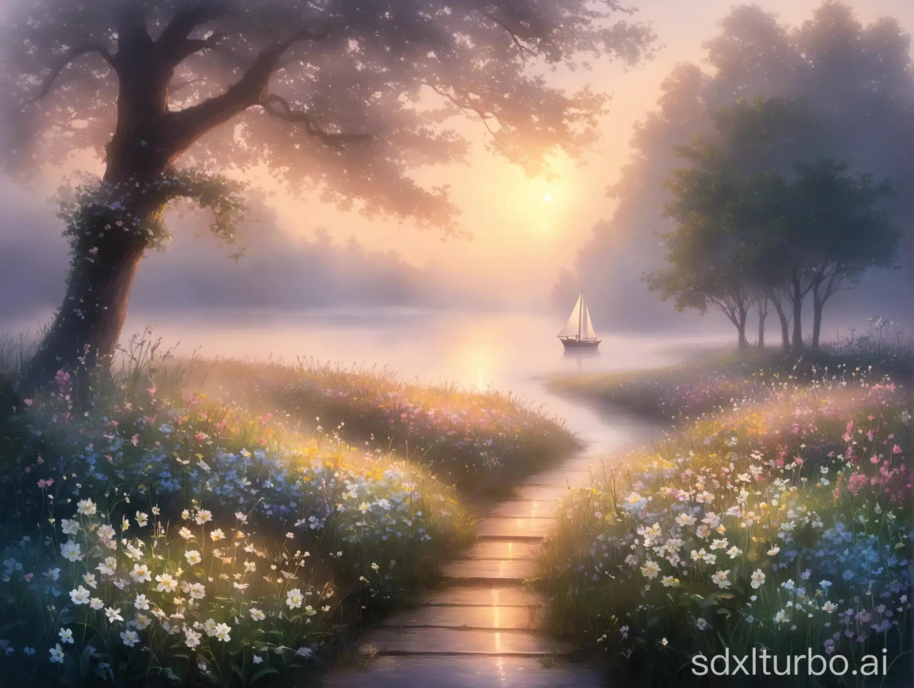 Mist gently strokes the journey, dawn lights up hope; Heartbeats follow the dance steps of the wind, song wakes up the fragrance of flowers; Every breath is a new set sail, Adventure unfolds unintentionally, quietly blooming.