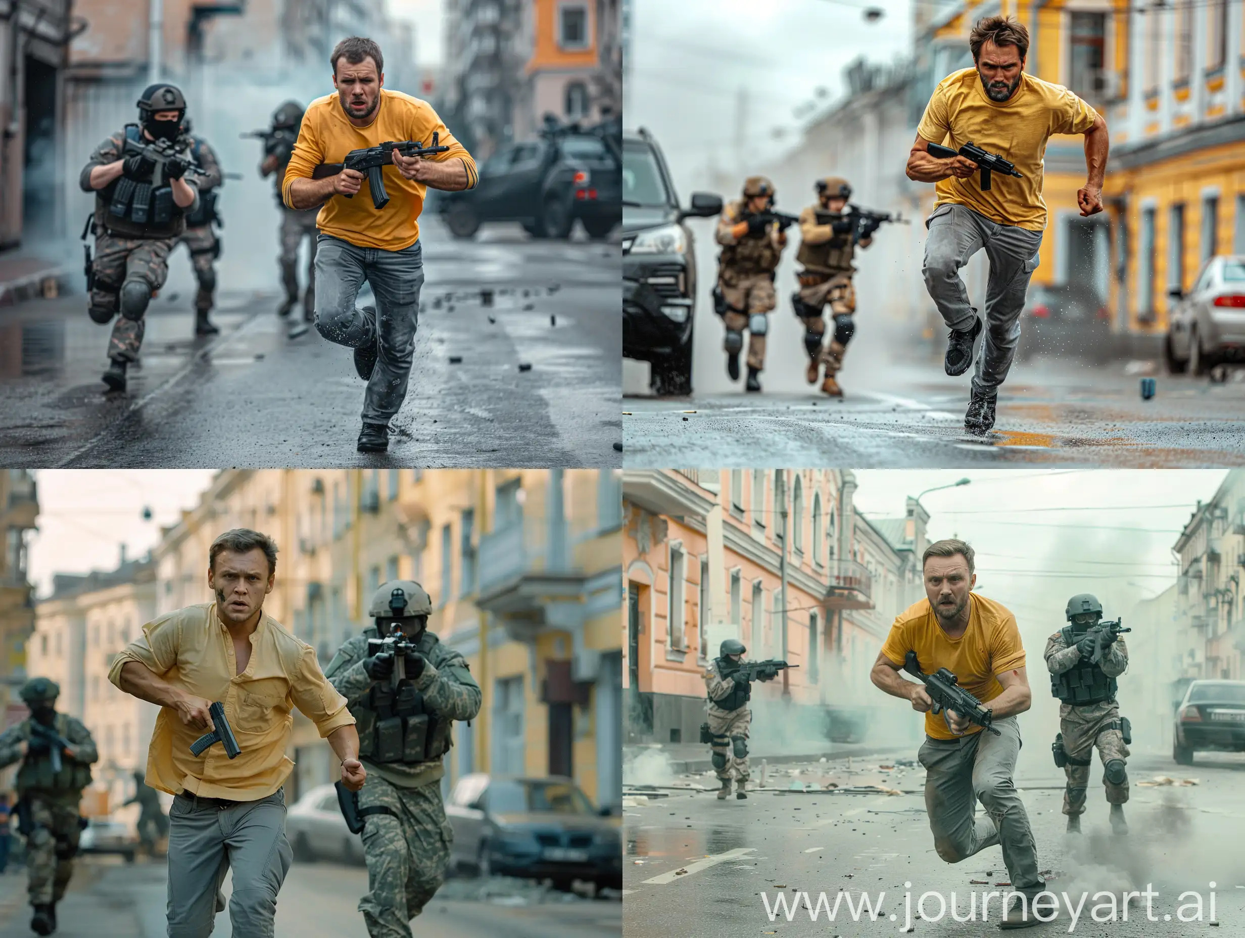 photo, a 29-year-old man in a light yellow shirt and gray jeans with a Tulsky-Tokarev pistol is running away armed mans, along a remote street in St. Petersburg, Middle Plan, bright but overcast, behind him an armed special forces unit in a lilac-gray combat uniform is aiming at him