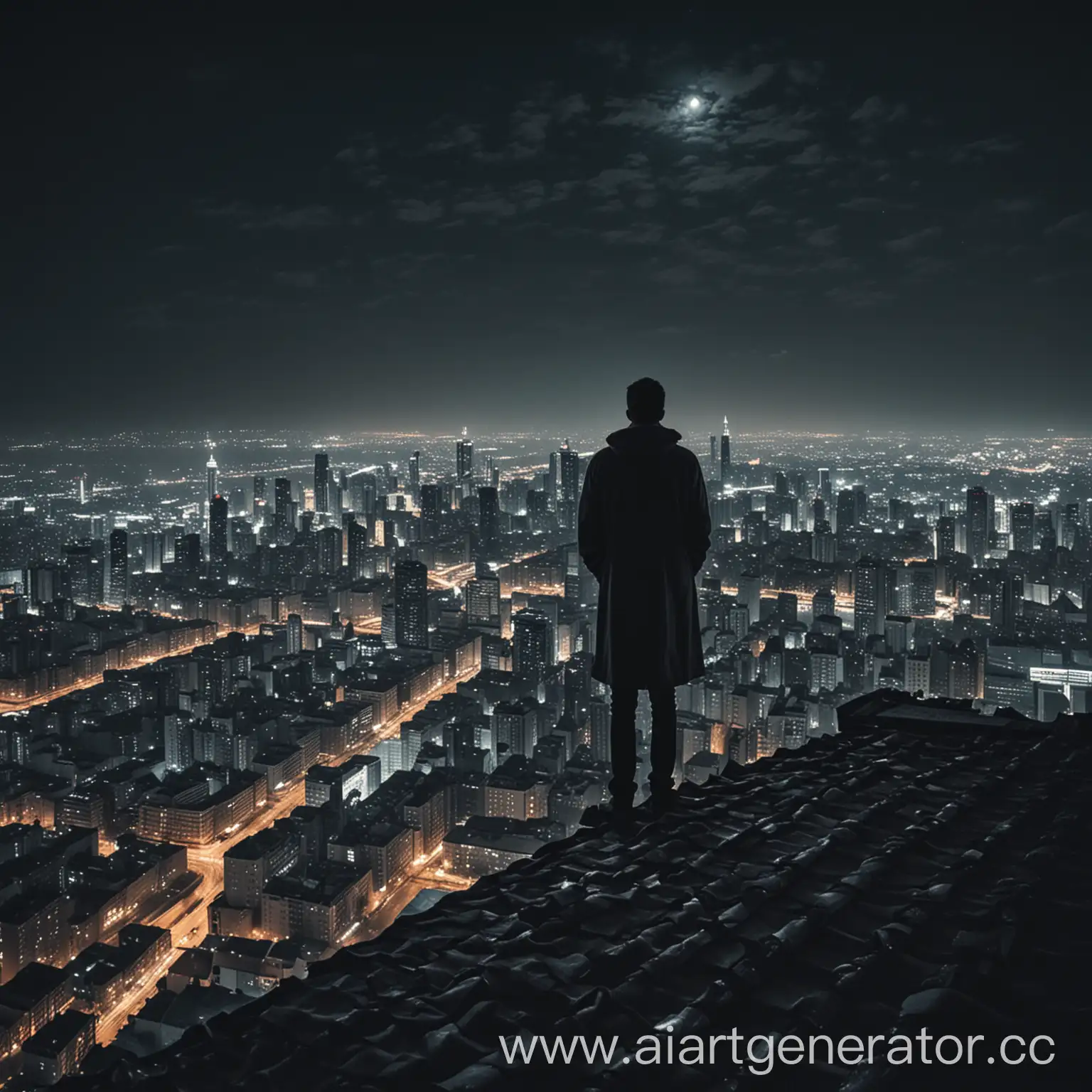 A man stands on the edge of the roof and watches the night city