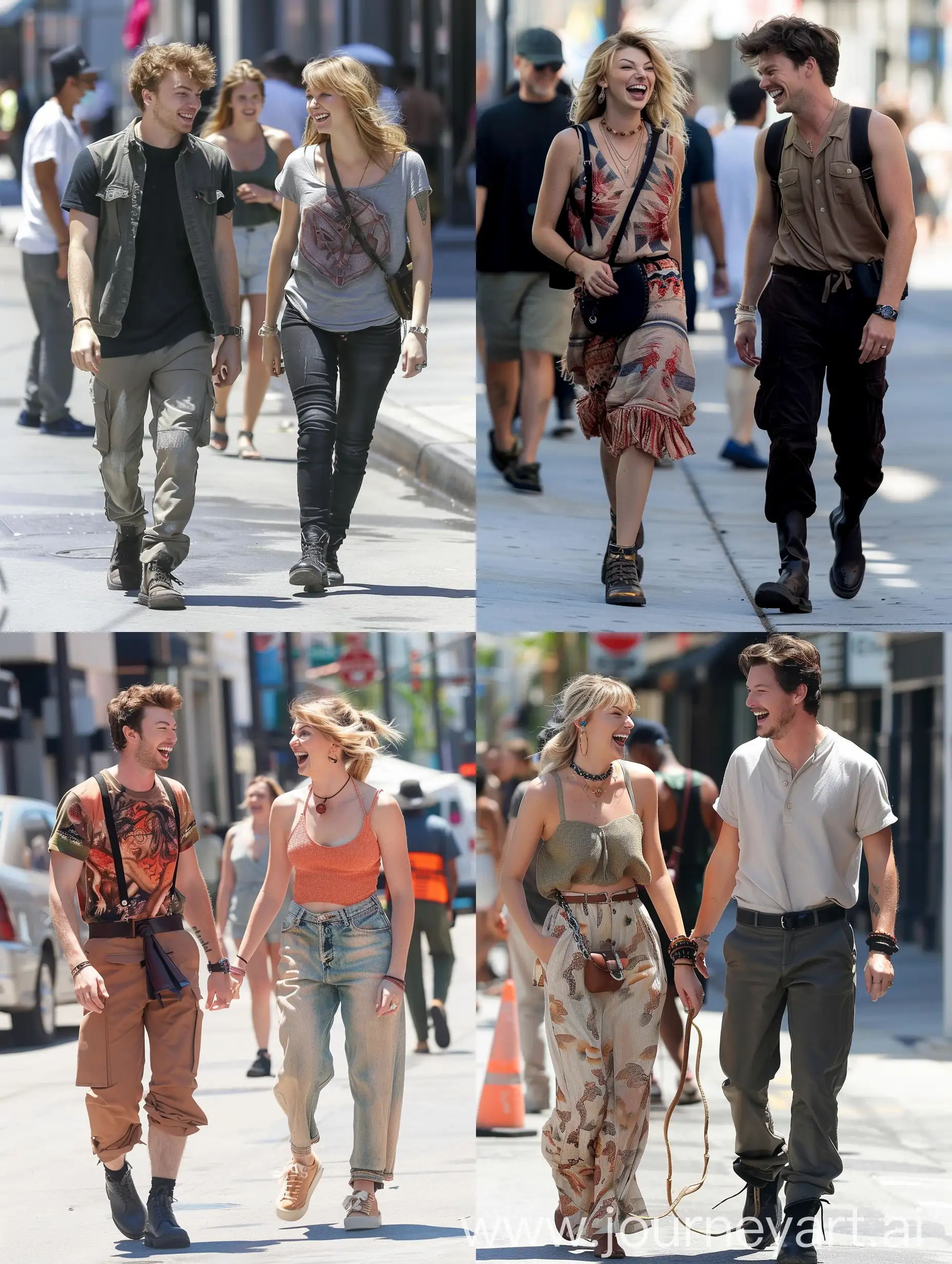 Taylor Swift and Jamie Cambell-Bower are walking around street, They are dressed casually, They are walking side by side, deep in conversation and laughing. It looks like a paparazzi's photo.