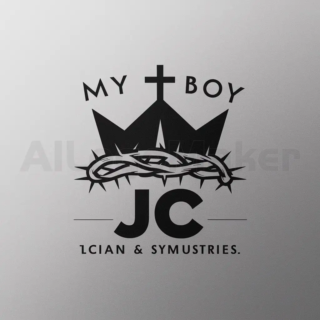 a logo design,with the text "My Boy JC", main symbol:camp crown, cross on top of crown, band of crown to be thorns,Moderate,be used in Religious industry,clear background