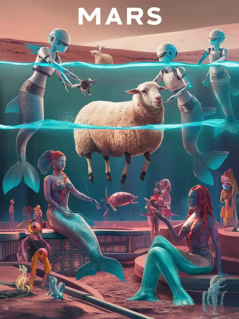 Robotic Sheep Grazing by Martian Sea with Mermaids and Sea People