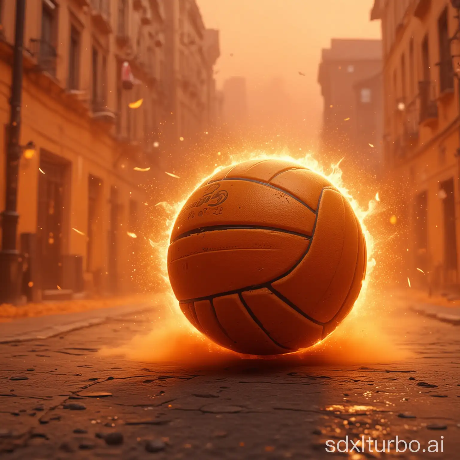 Orange,volleyball theme,orange magic symbols floating in the air,particle effect,surrounded by orange fog,epic atmosphere,on city streets,extremely detailed,professional,4k,8k lines,depth of field,